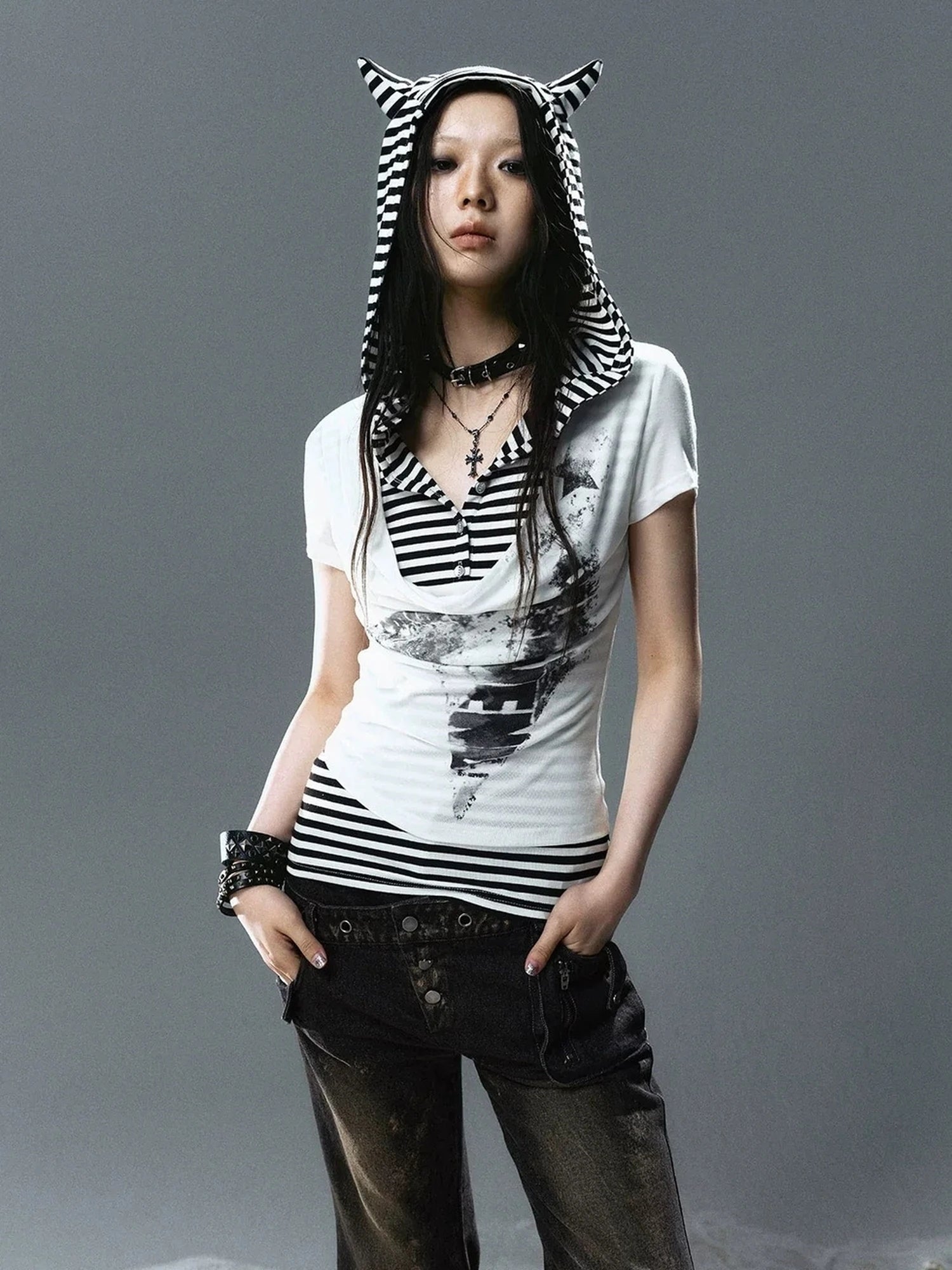 Chinese Clothing Cest Nous Update Striped Cat Ear Layered Hem T-shirt