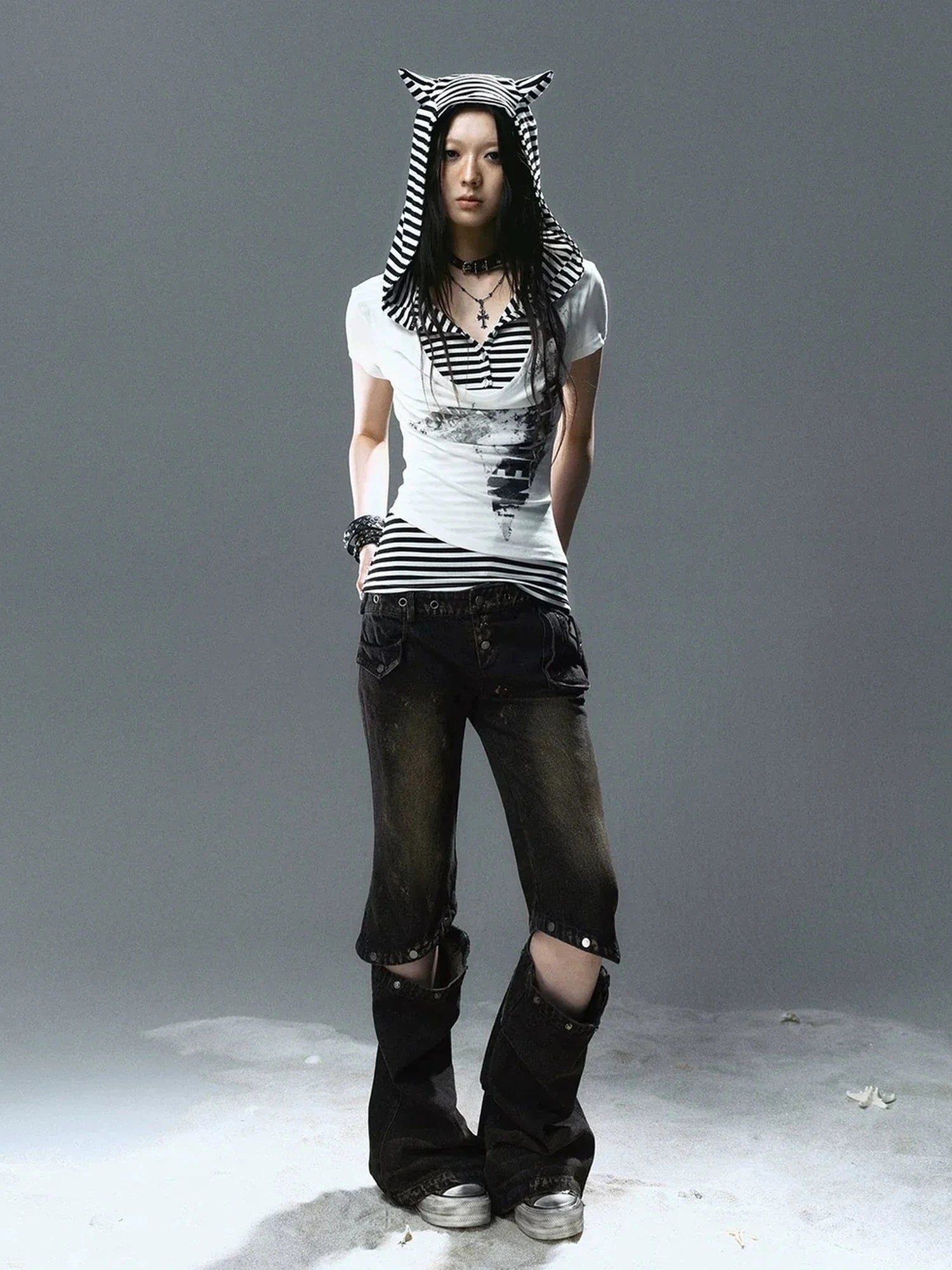 Chinese Clothing Cest Nous Update Striped Cat Ear Layered Hem T-shirt