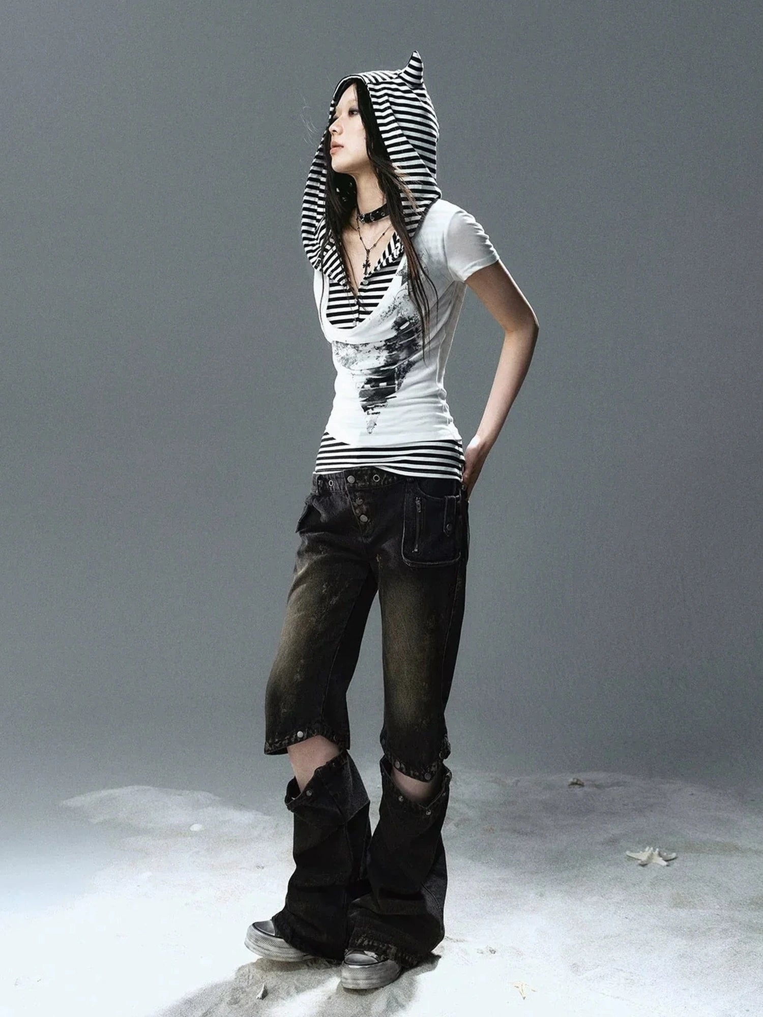 Chinese Clothing Cest Nous Update Striped Cat Ear Layered Hem T-shirt