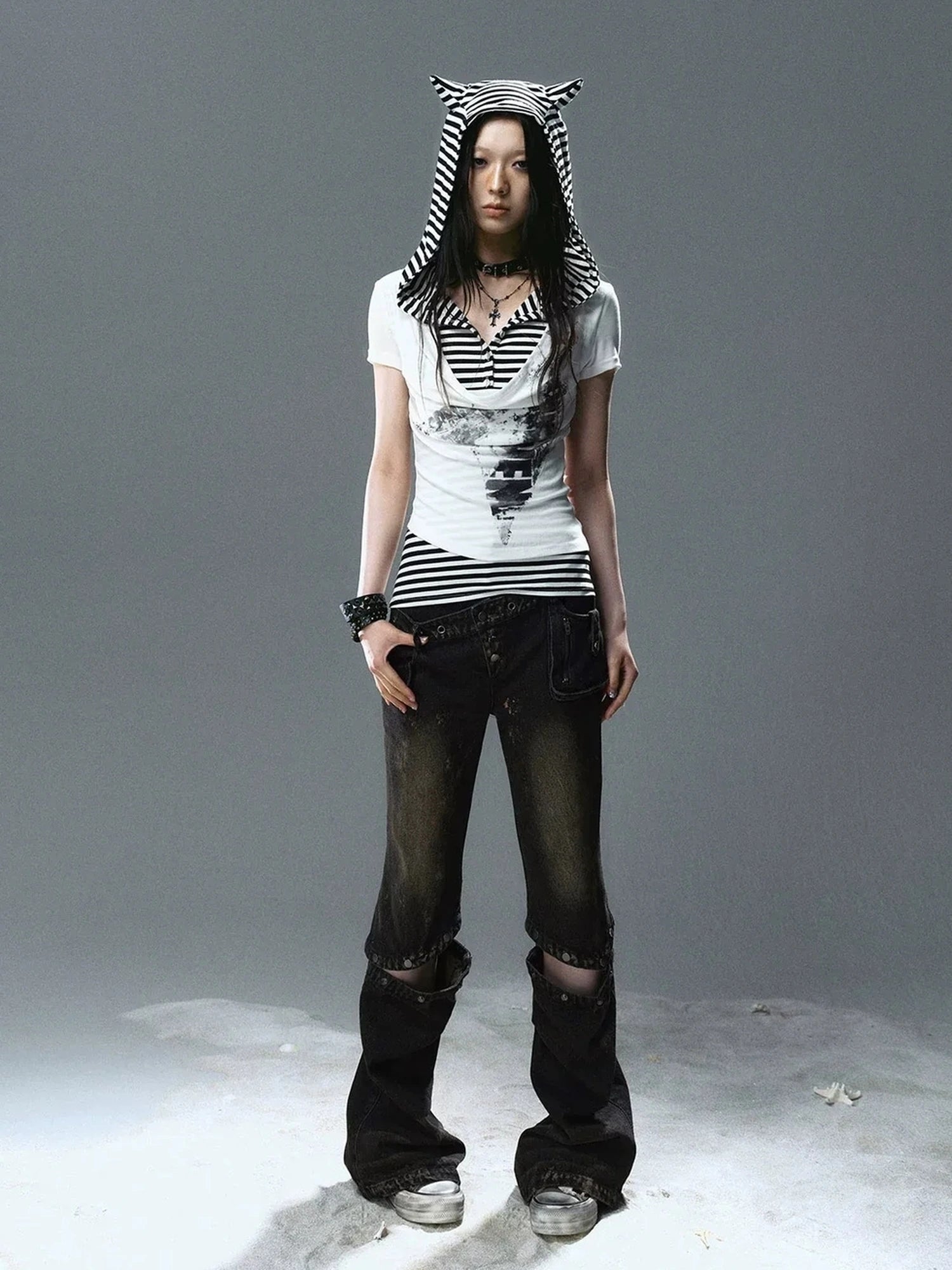 Chinese Clothing Cest Nous Update Striped Cat Ear Layered Hem T-shirt