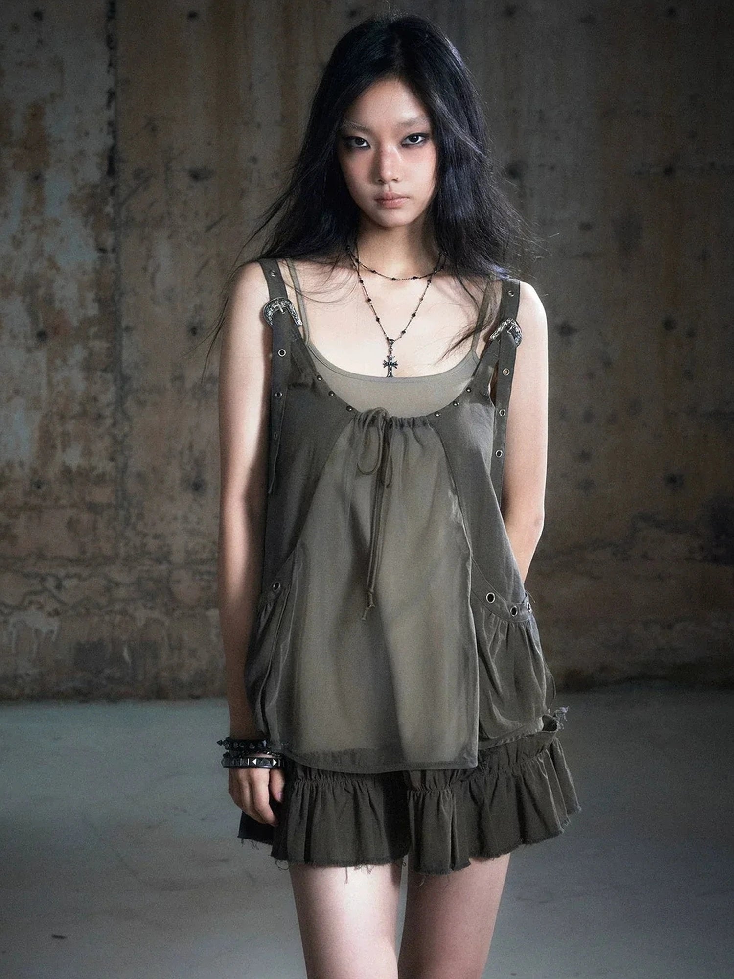 Chinese Clothing Cest Nous Update Two Layer Mesh Trim Drawstring Slip Dress