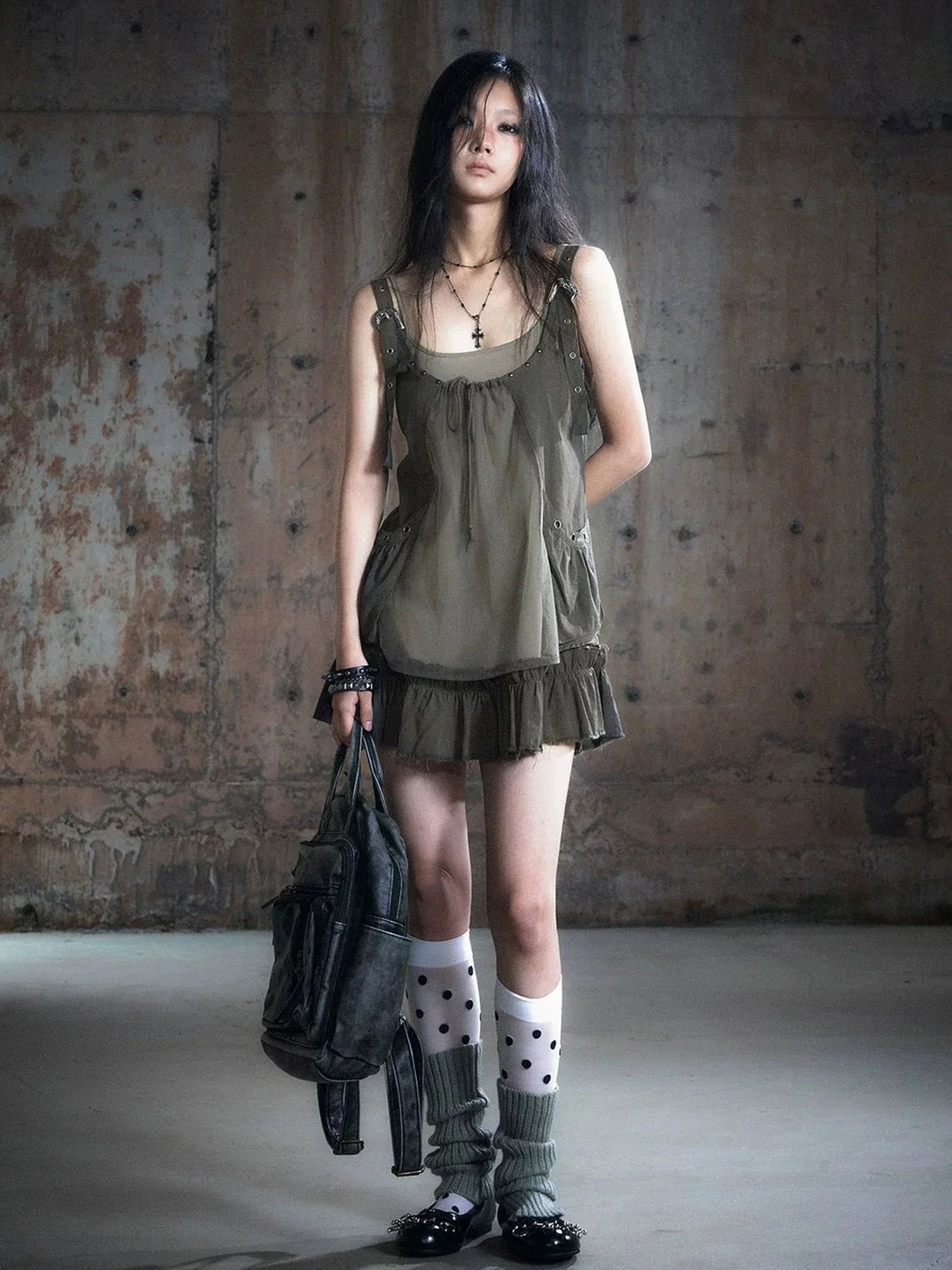 Chinese Clothing Cest Nous Update Two Layer Mesh Trim Drawstring Slip Dress