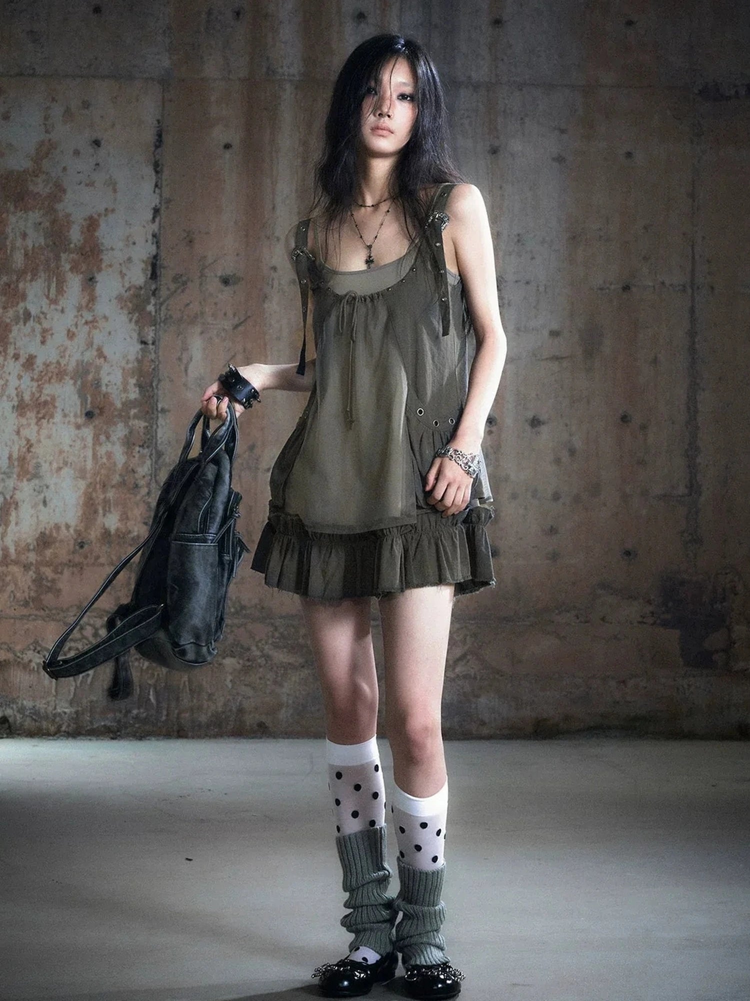 Chinese Clothing Cest Nous Update Two Layer Mesh Trim Drawstring Slip Dress