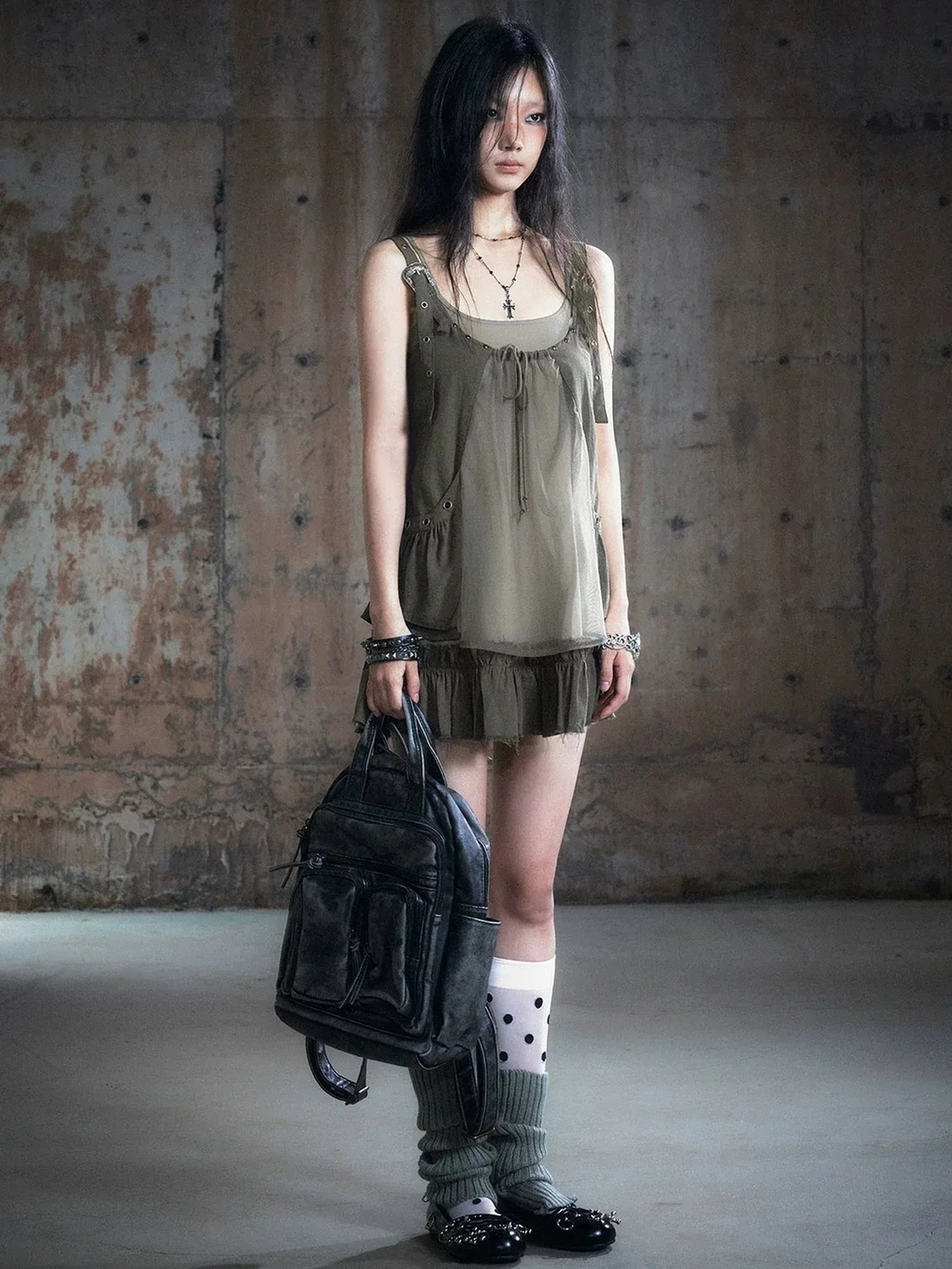 Chinese Clothing Cest Nous Update Two Layer Mesh Trim Drawstring Slip Dress