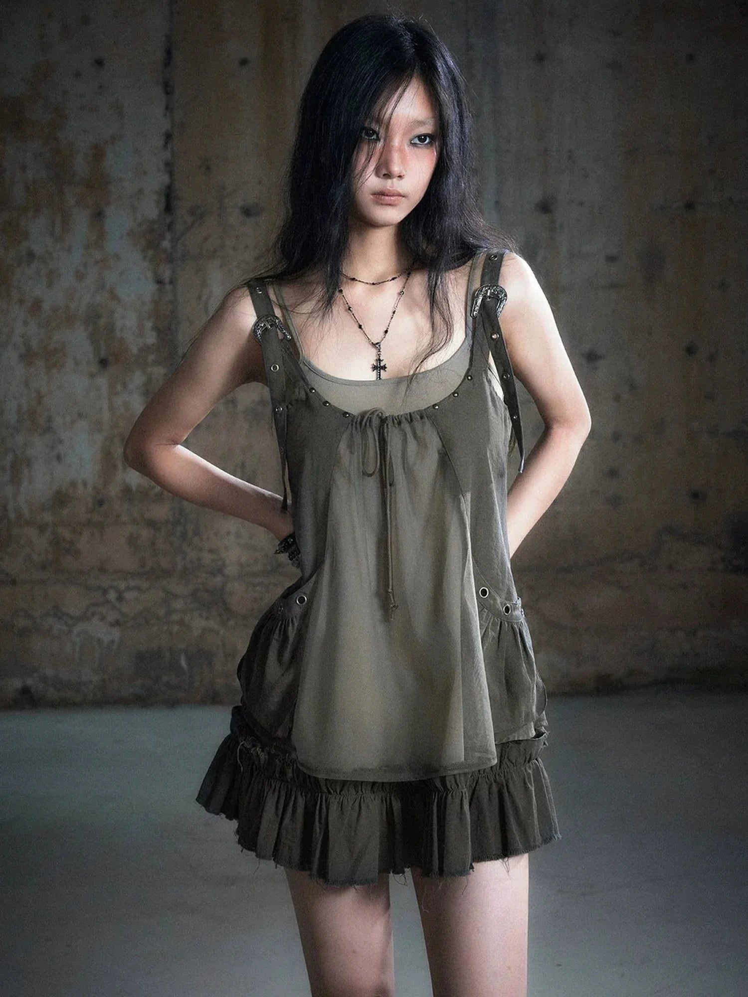 Chinese Clothing Cest Nous Update Two Layer Mesh Trim Drawstring Slip Dress