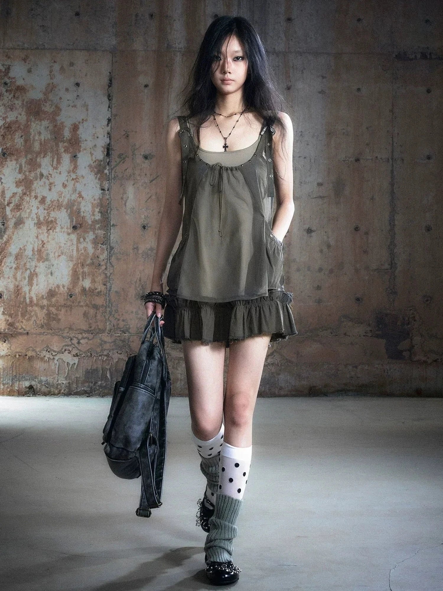 Chinese Clothing Cest Nous Update Two Layer Mesh Trim Drawstring Slip Dress