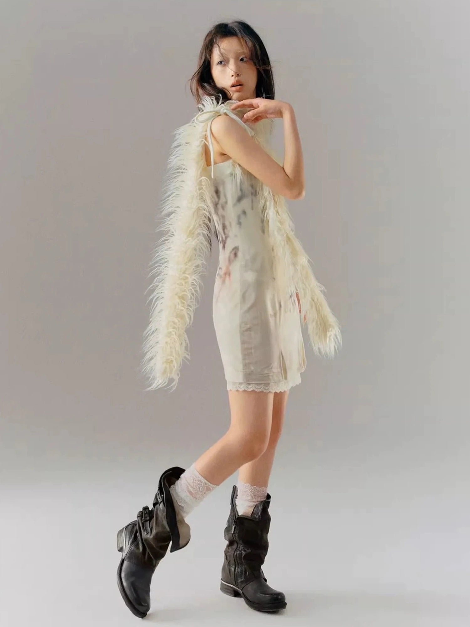 Chinese Clothing Cest Nous Update Velvet Print Trimmed Slit Dress