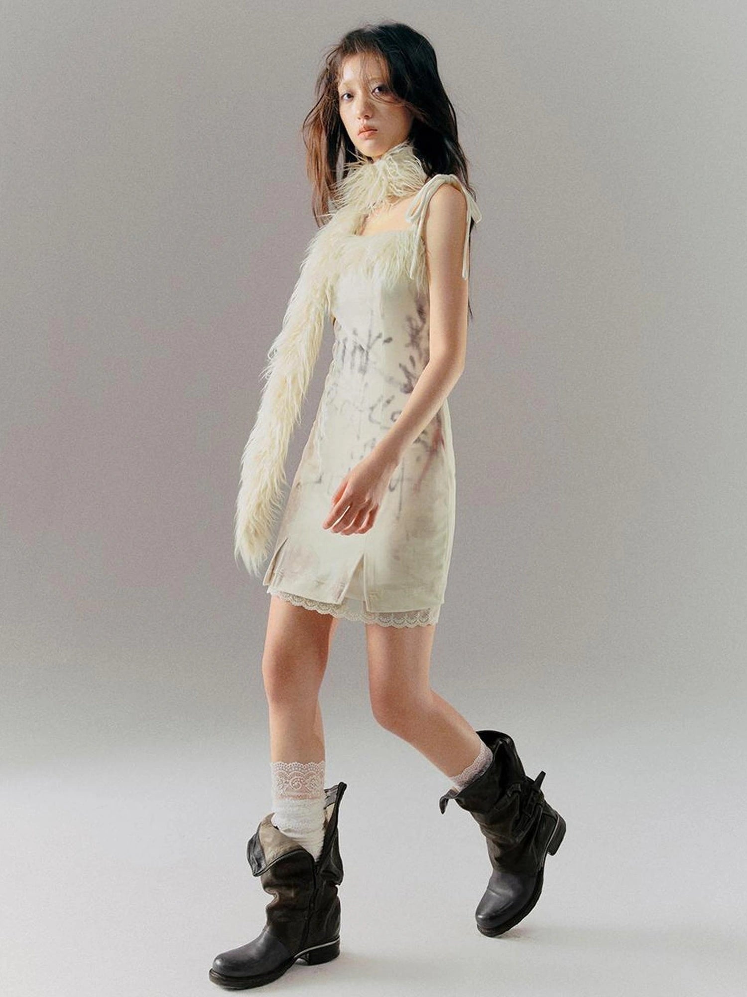 Chinese Clothing Cest Nous Update Velvet Print Trimmed Slit Dress