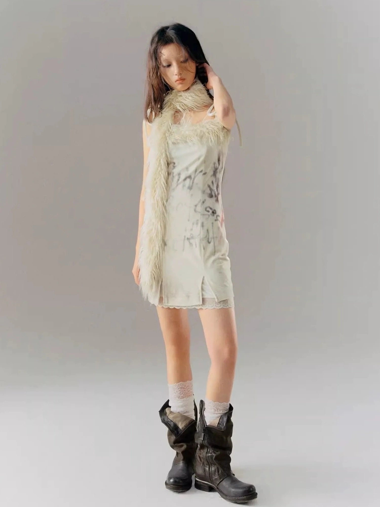 Chinese Clothing Cest Nous Update Velvet Print Trimmed Slit Dress