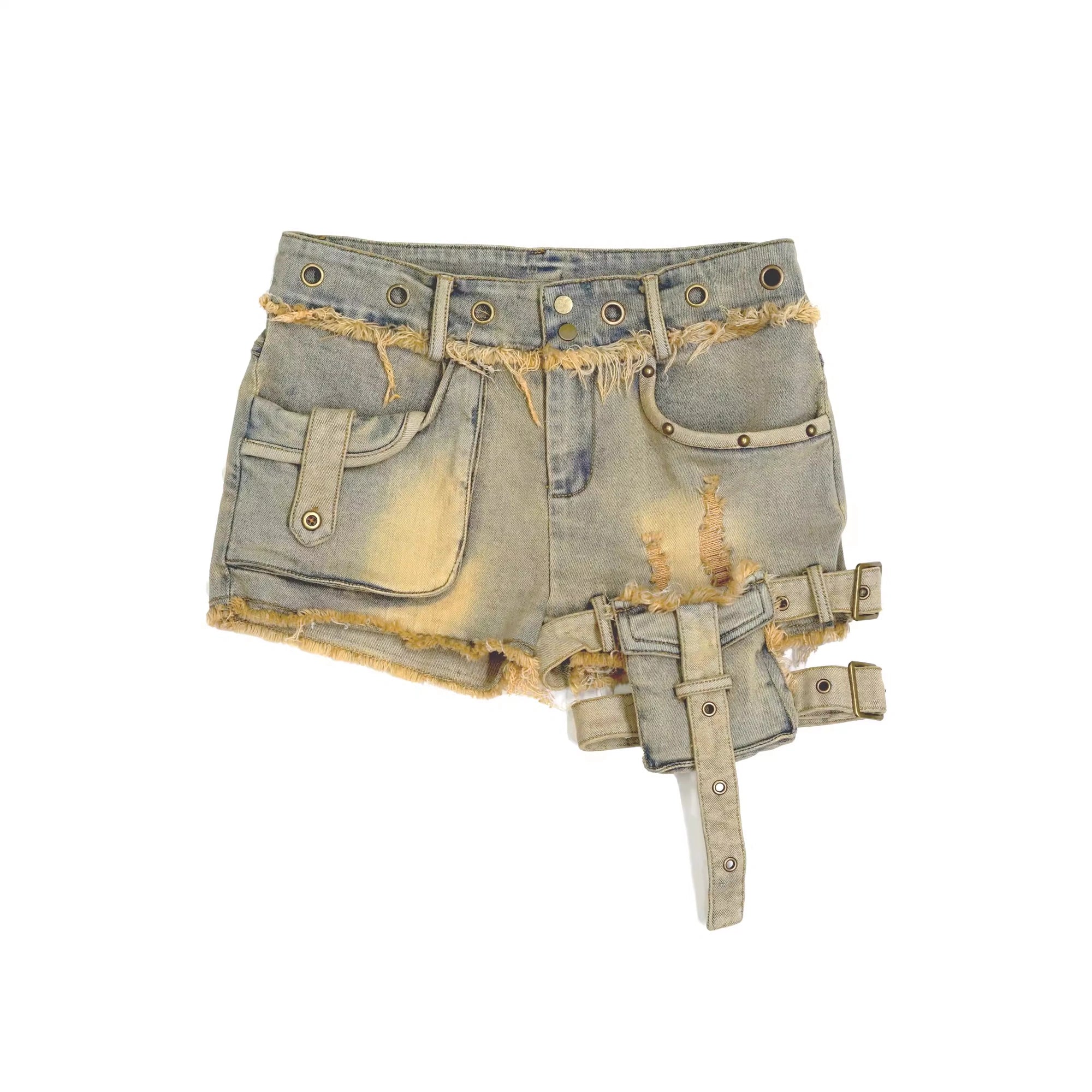 Chinese Clothing Cest Nous Update Vintage Blue Green Washed Distressed Denim Shorts MISSTT