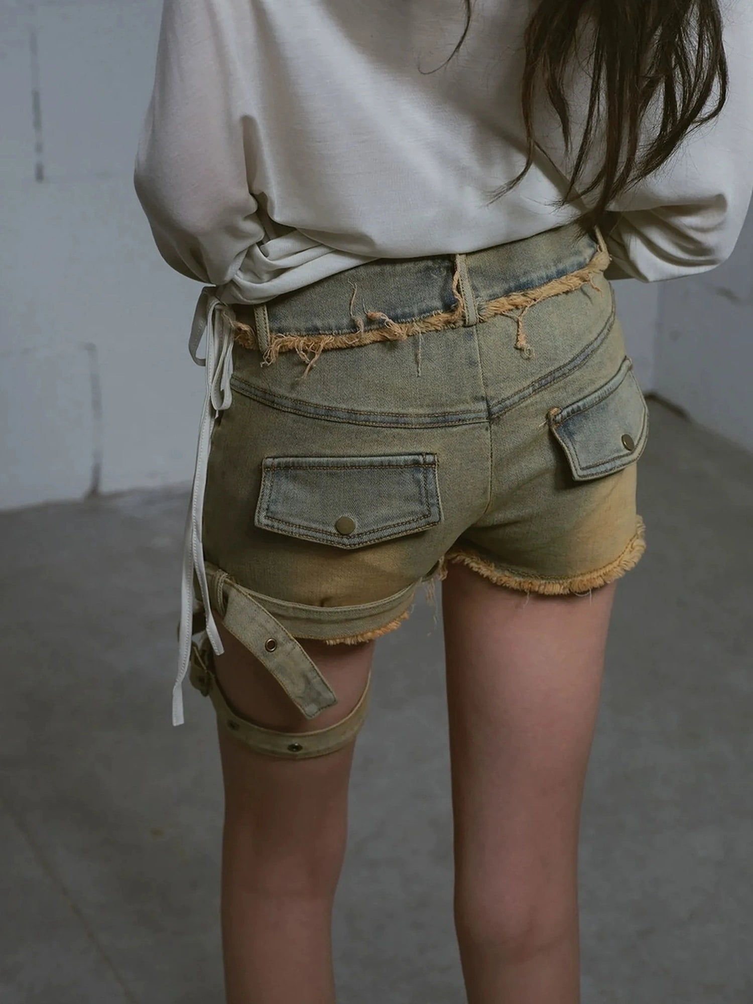 Chinese Clothing Cest Nous Update Vintage Blue Green Washed Distressed Denim Shorts