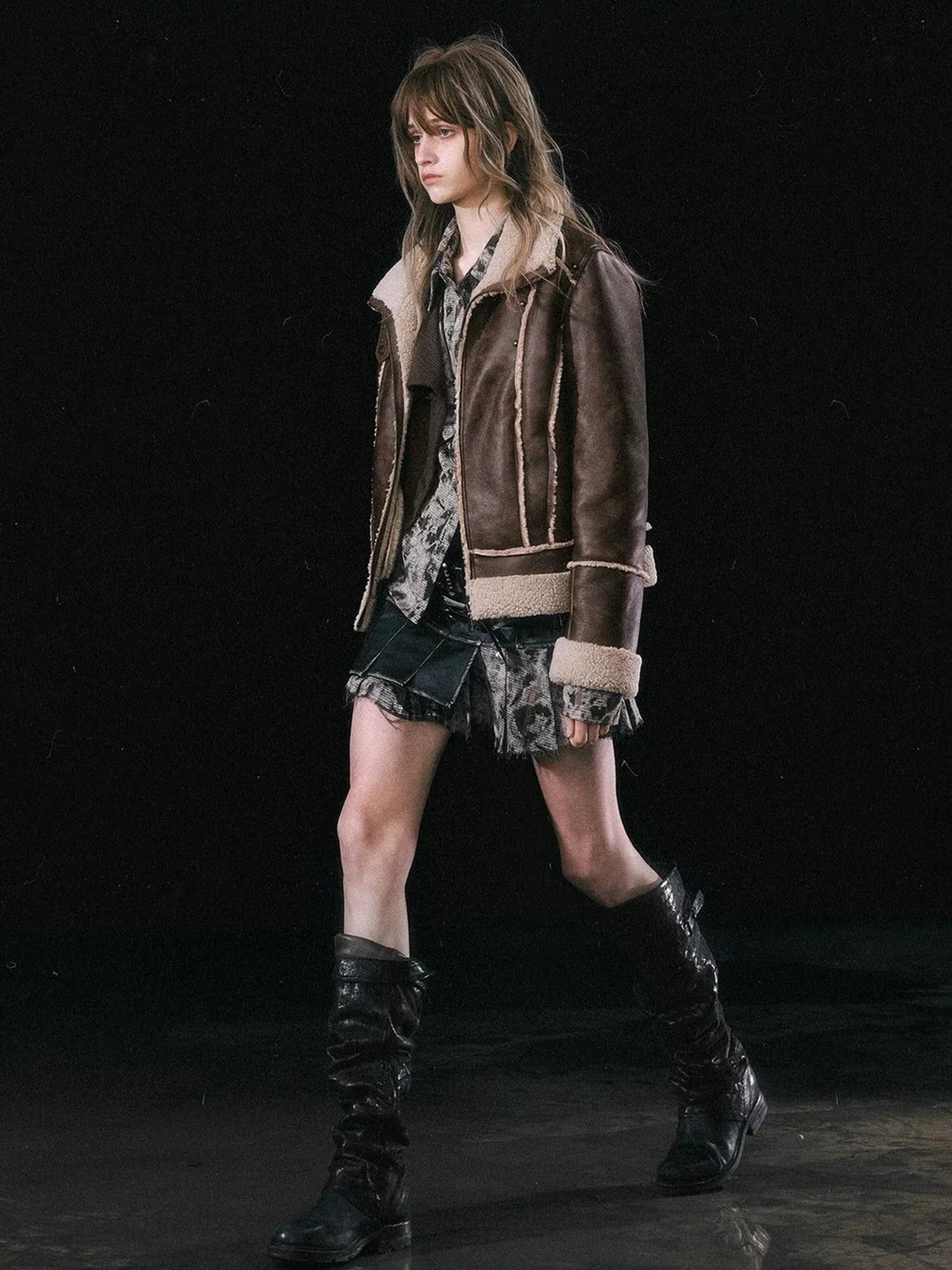 Chinese Clothing Cest Nous Update Vintage Brown Shearling Biker Jacket