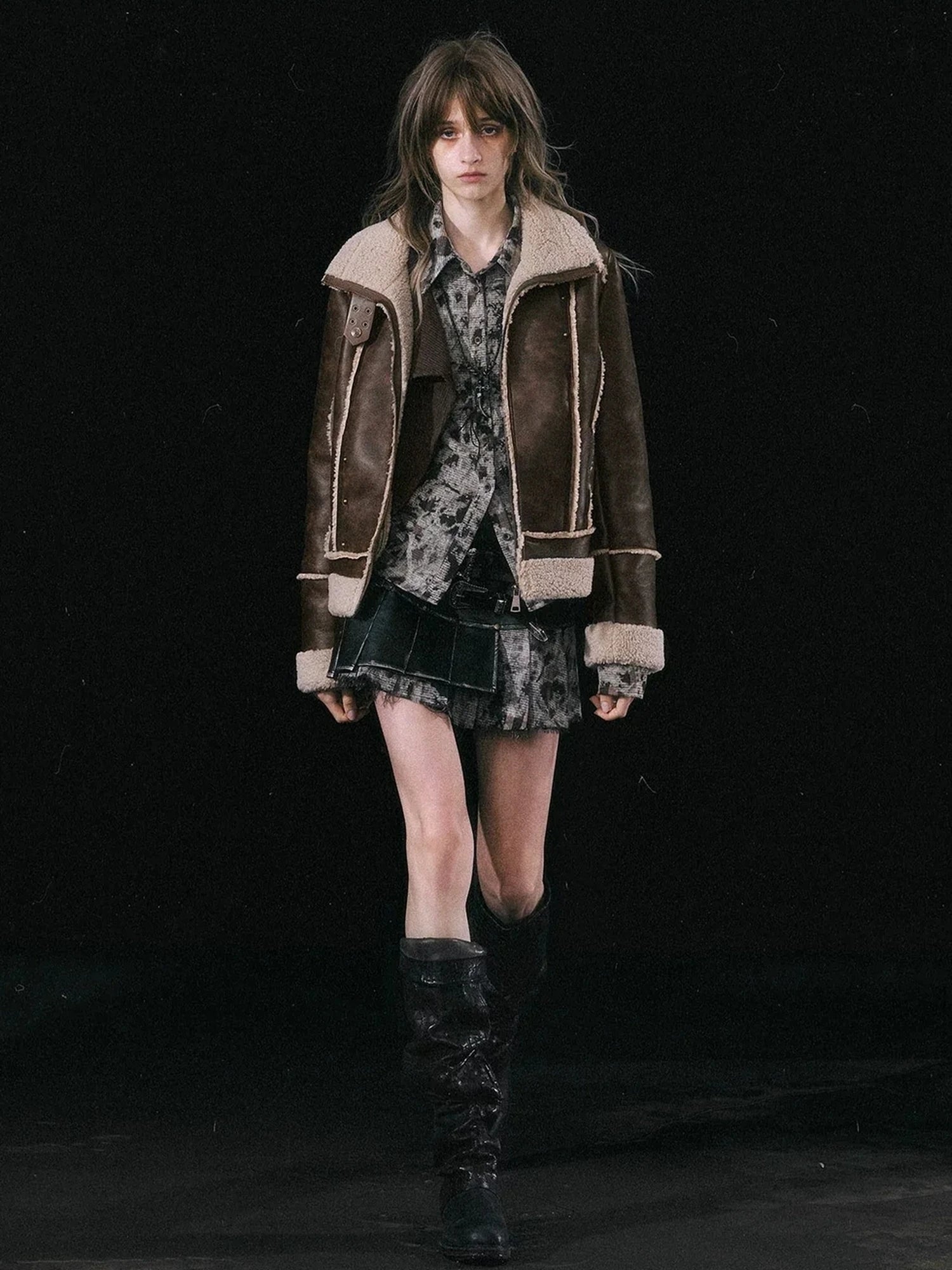 Chinese Clothing Cest Nous Update Vintage Brown Shearling Biker Jacket