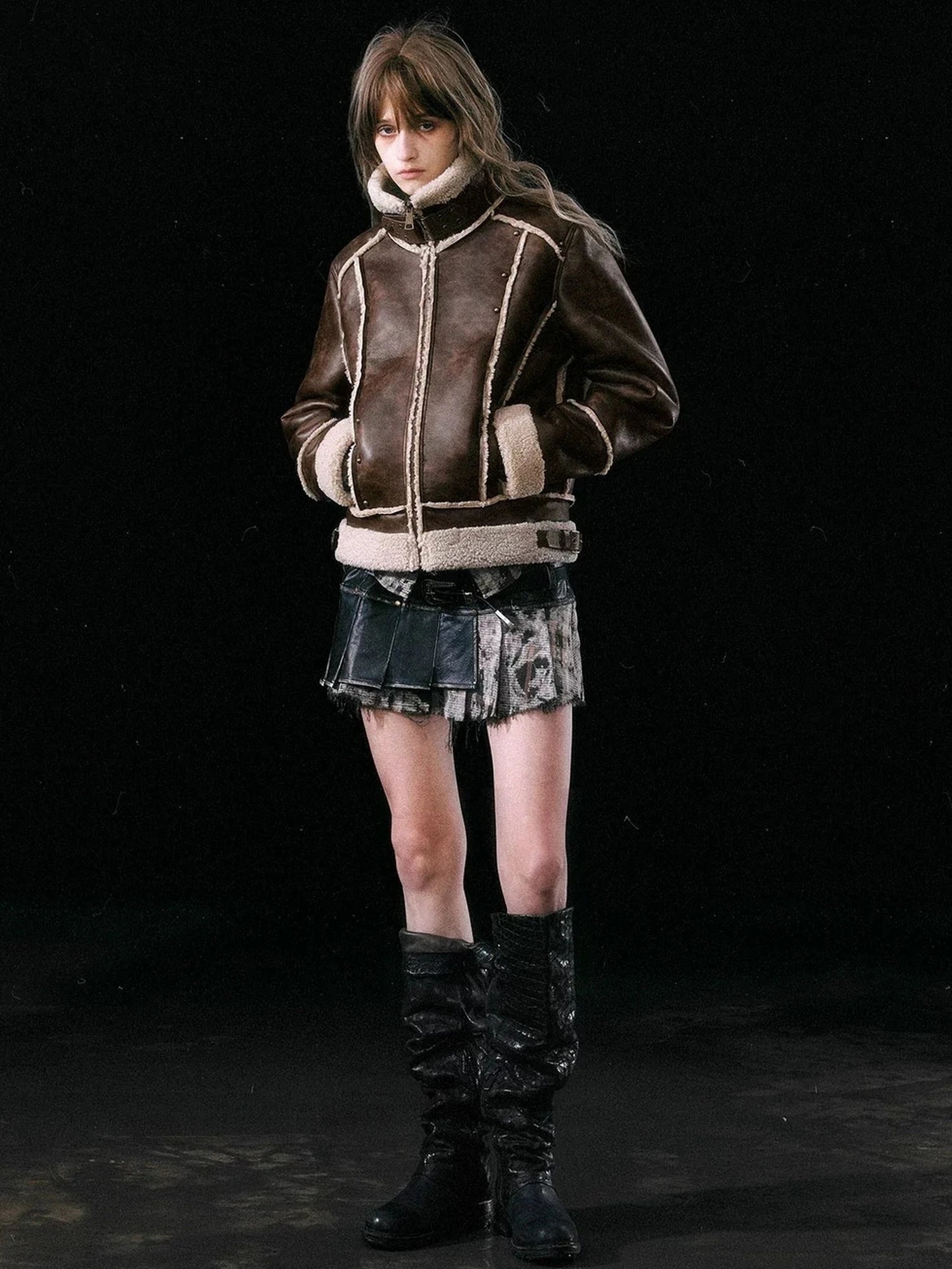 Chinese Clothing Cest Nous Update Vintage Brown Shearling Biker Jacket