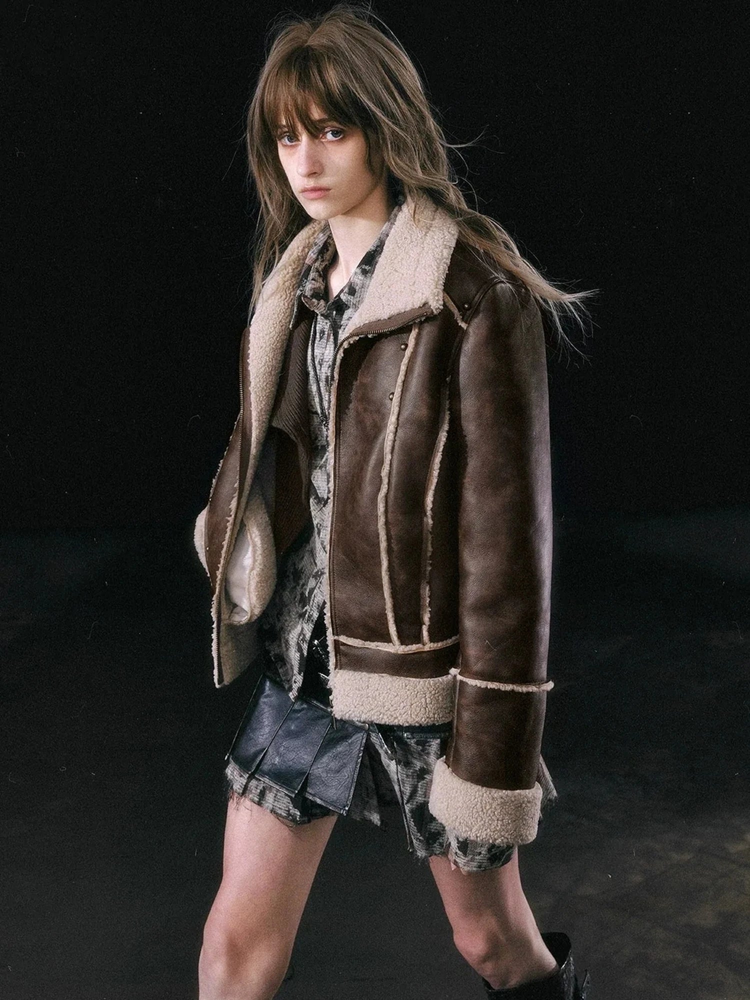 Chinese Clothing Cest Nous Update Vintage Brown Shearling Biker Jacket