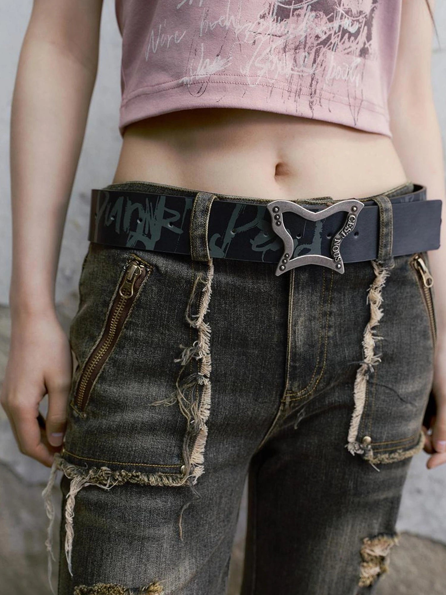 Chinese Clothing Cest Nous Update Vintage Butterfly Buckle Punk Graffiti Belt