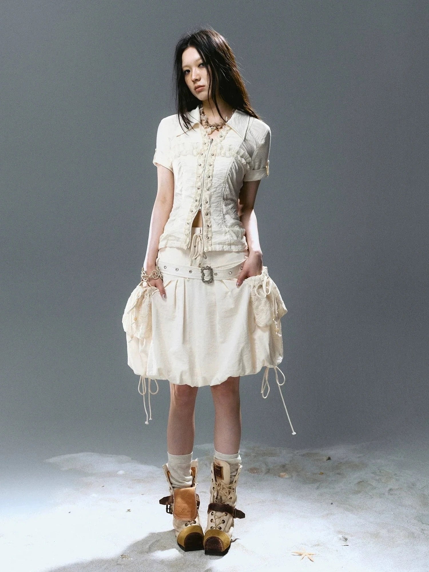 Chinese Clothing Cest Nous Update Vintage Cross Lace Gothic Ruffle V-neck T-shirt Long Sleeve