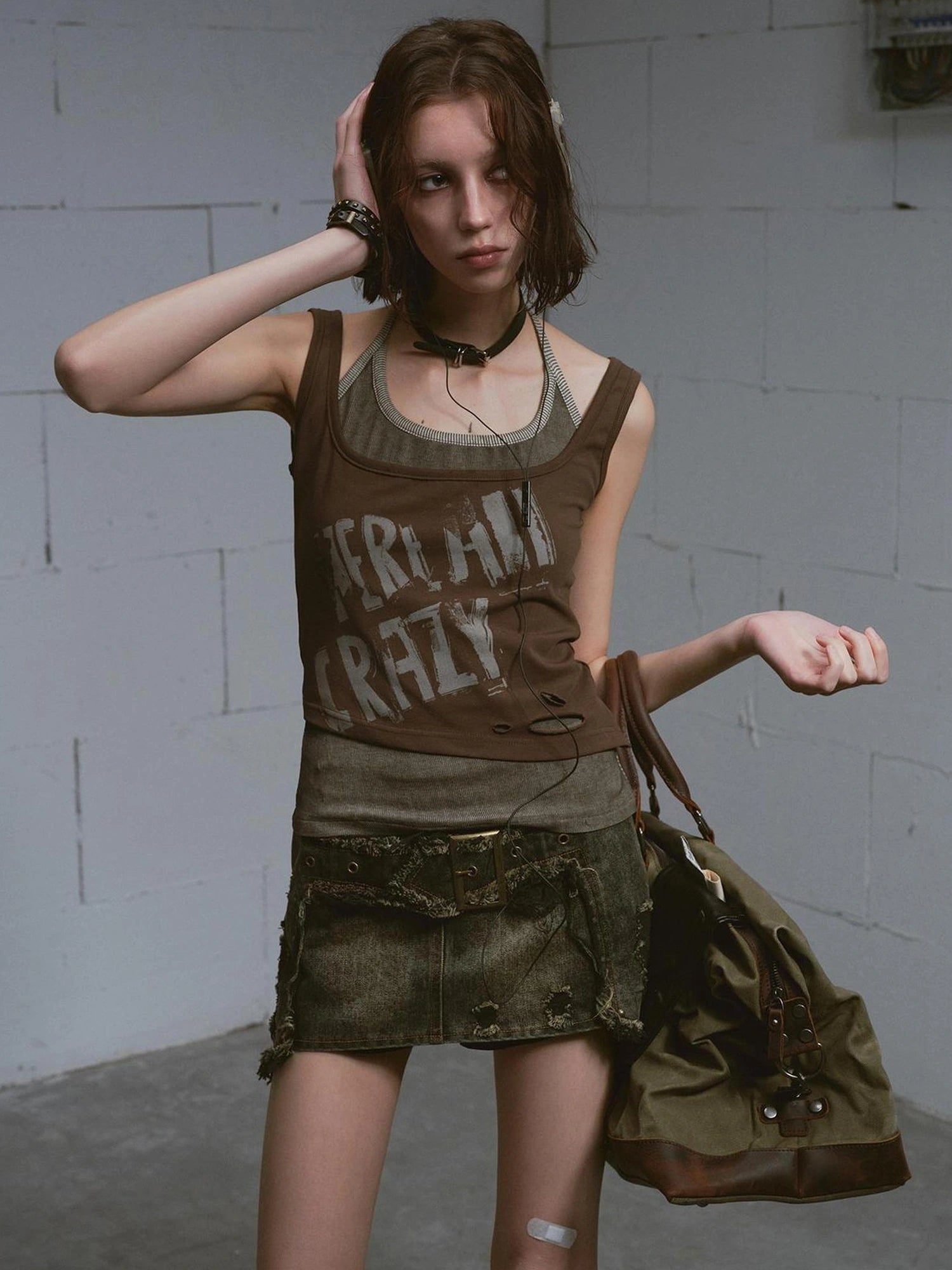 Chinese Clothing Cest Nous Update Vintage Cross Patchwork Distressed Denim A Line Skirt