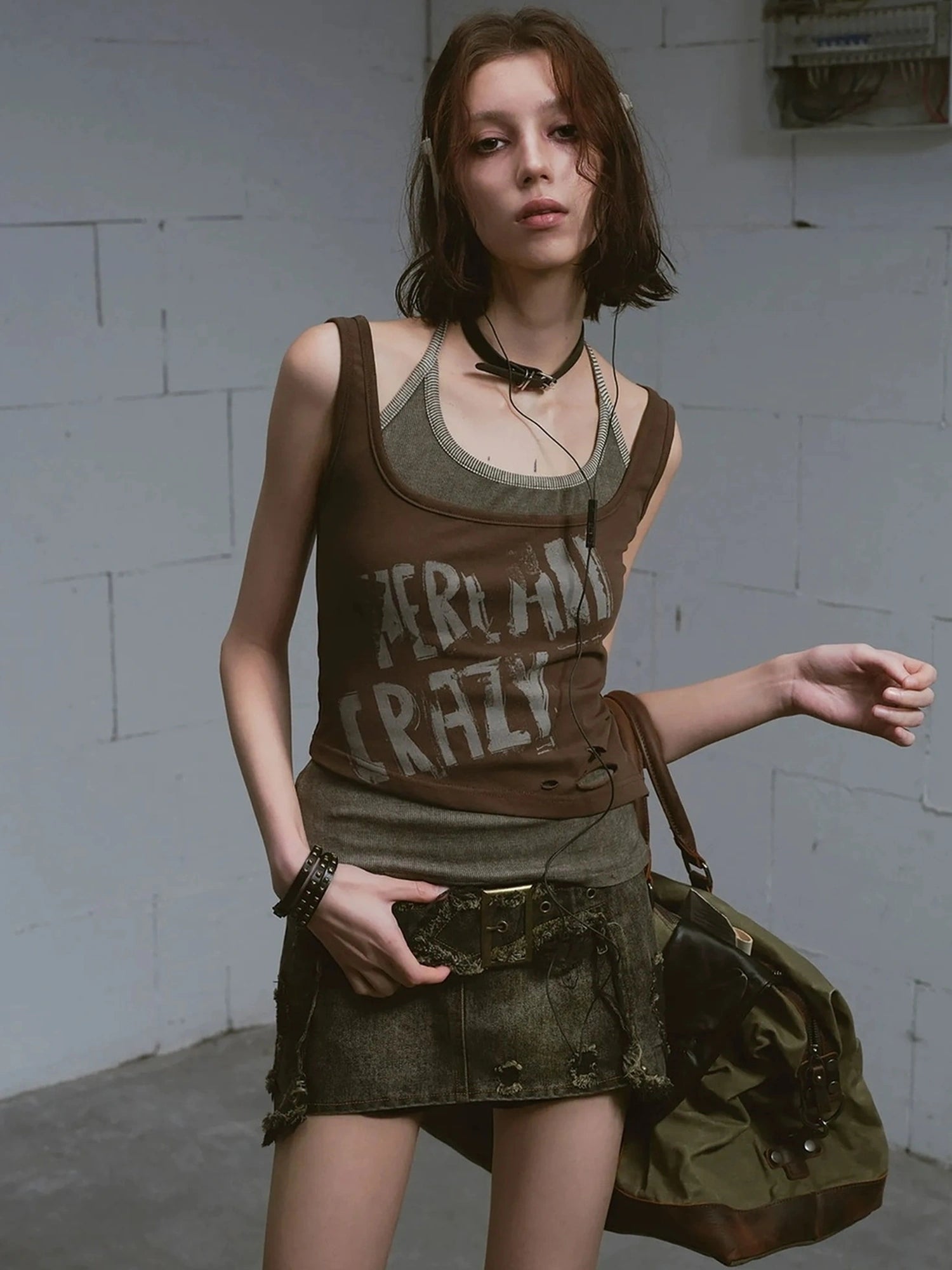 Chinese Clothing Cest Nous Update Vintage Cross Patchwork Distressed Denim A Line Skirt