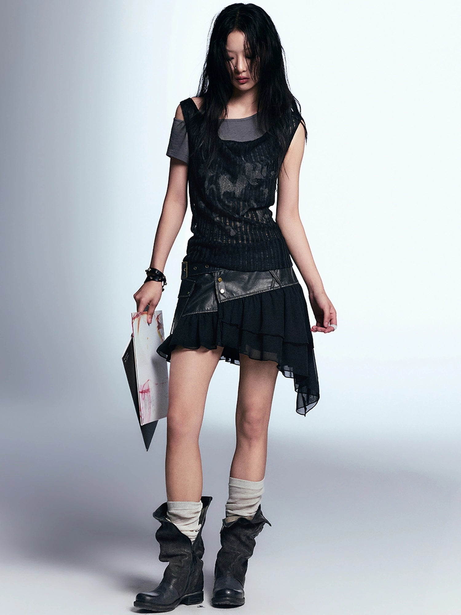 Chinese Clothing Cest Nous Update Vintage Distressed Leather Chiffon Asymmetrical Skirt