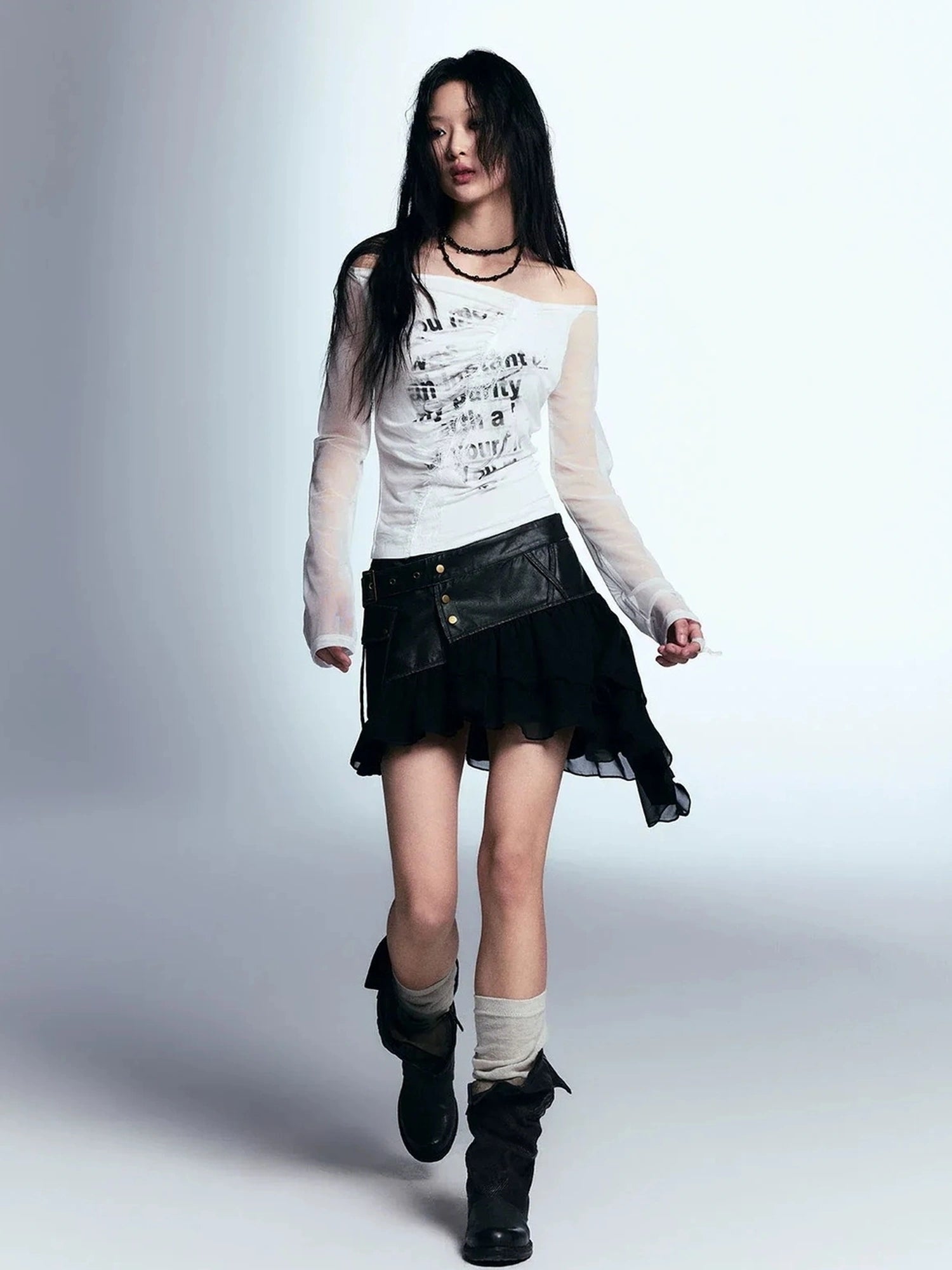 Chinese Clothing Cest Nous Update Vintage Distressed Leather Chiffon Asymmetrical Skirt