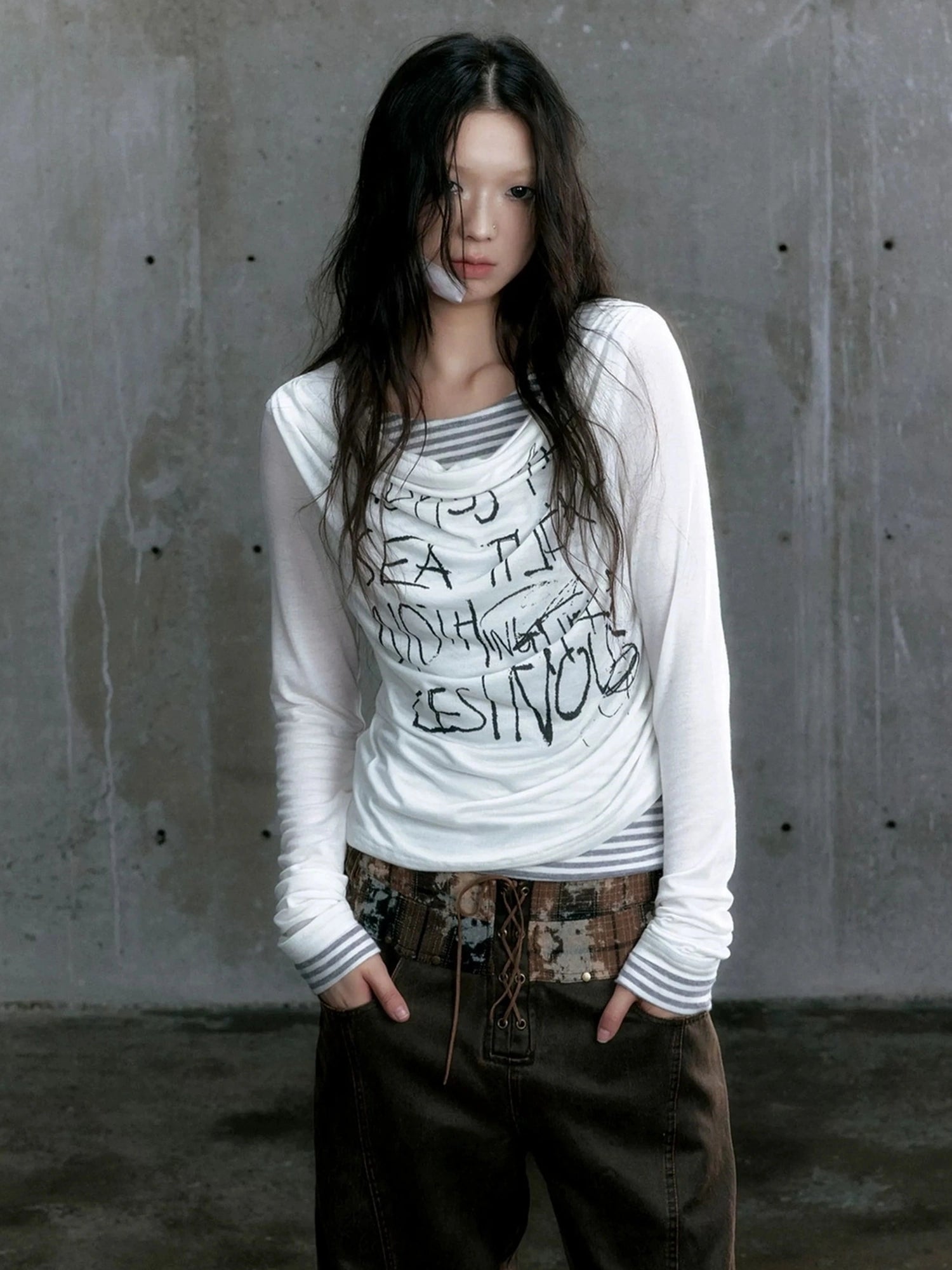 Chinese Clothing Cest Nous Update Vintage Drape Collar Graffiti Knit Top