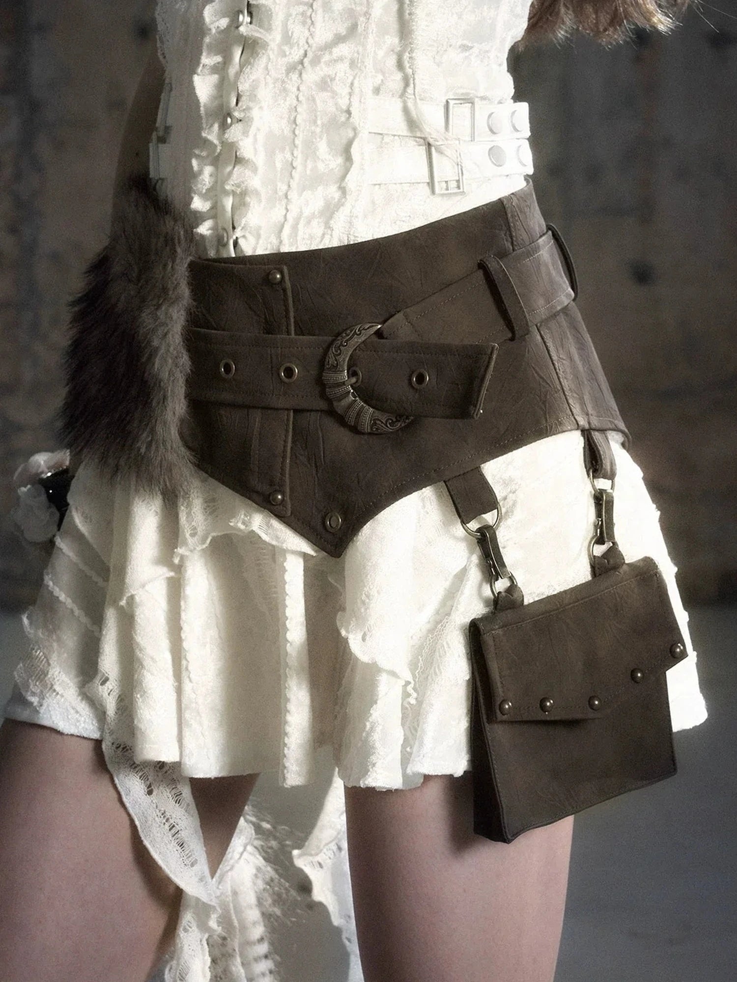 Chinese Clothing Cest Nous Update Vintage Dyed Leather Fur Patch Waist Belt