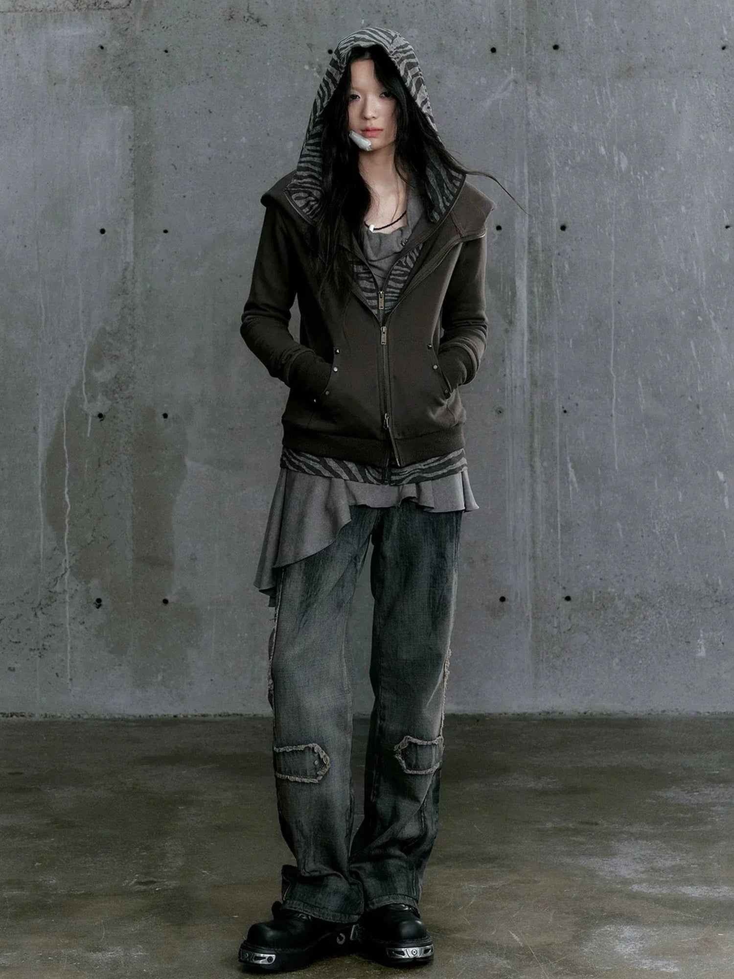 Chinese Clothing Cest Nous Update Vintage Studded Two Tone Zip Hoodie