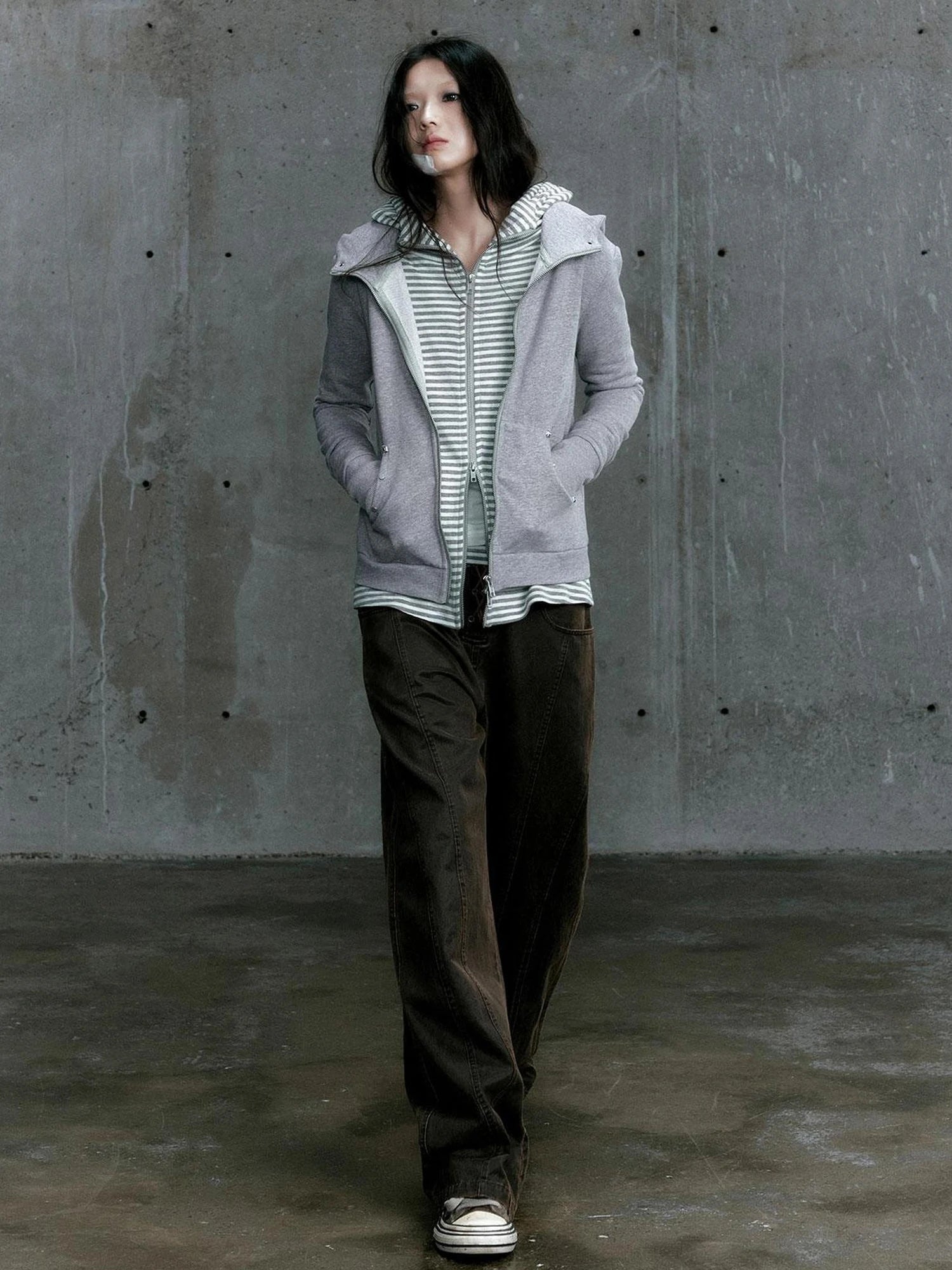 Chinese Clothing Cest Nous Update Vintage Studded Two Tone Zip Hoodie