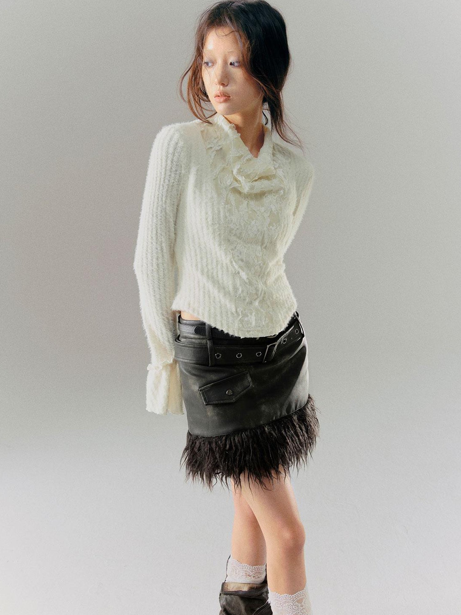 Cest Nous Velvet Lace Trim Embroidered Mock Neck Top