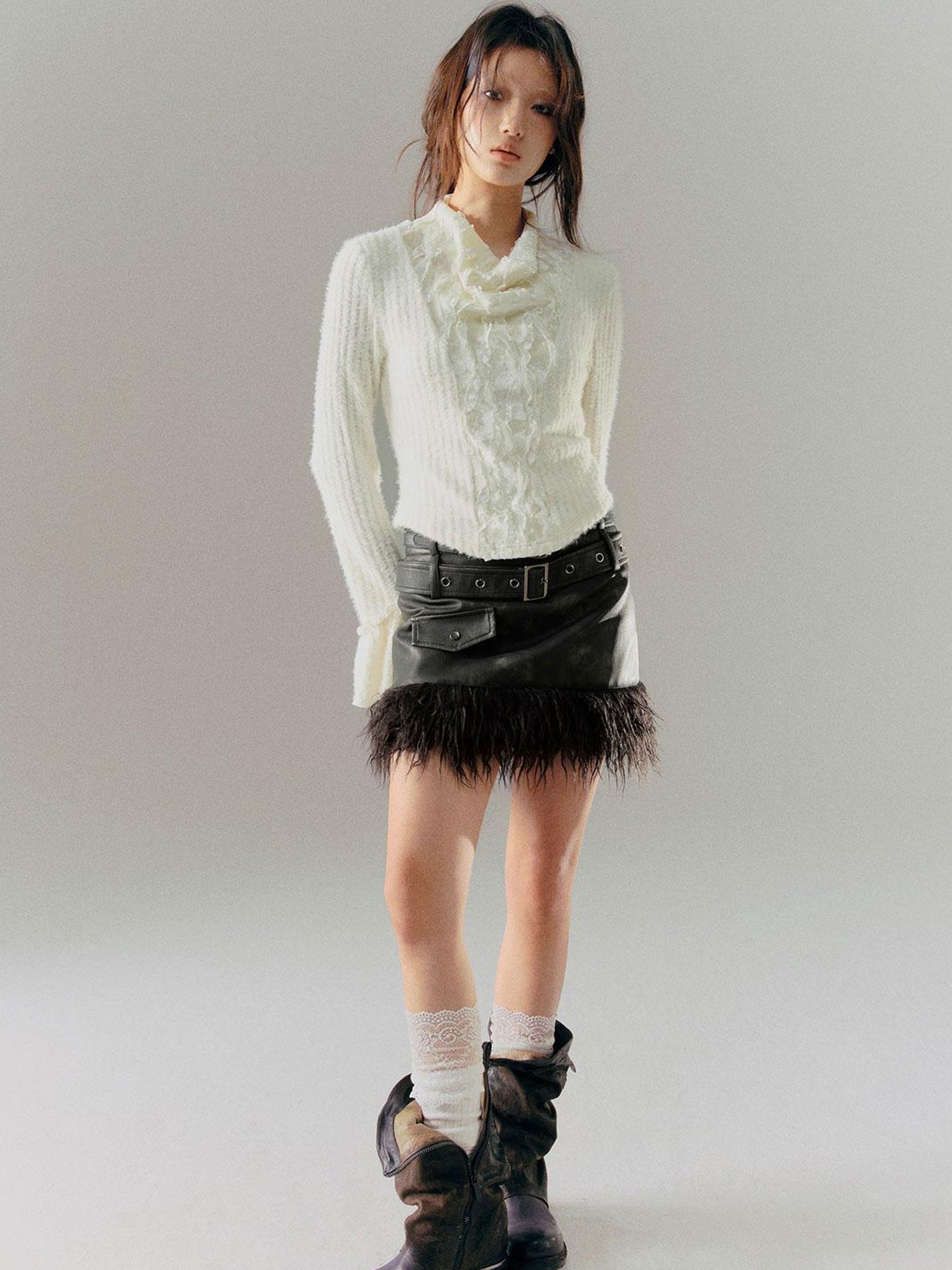 Cest Nous Velvet Lace Trim Embroidered Mock Neck Top