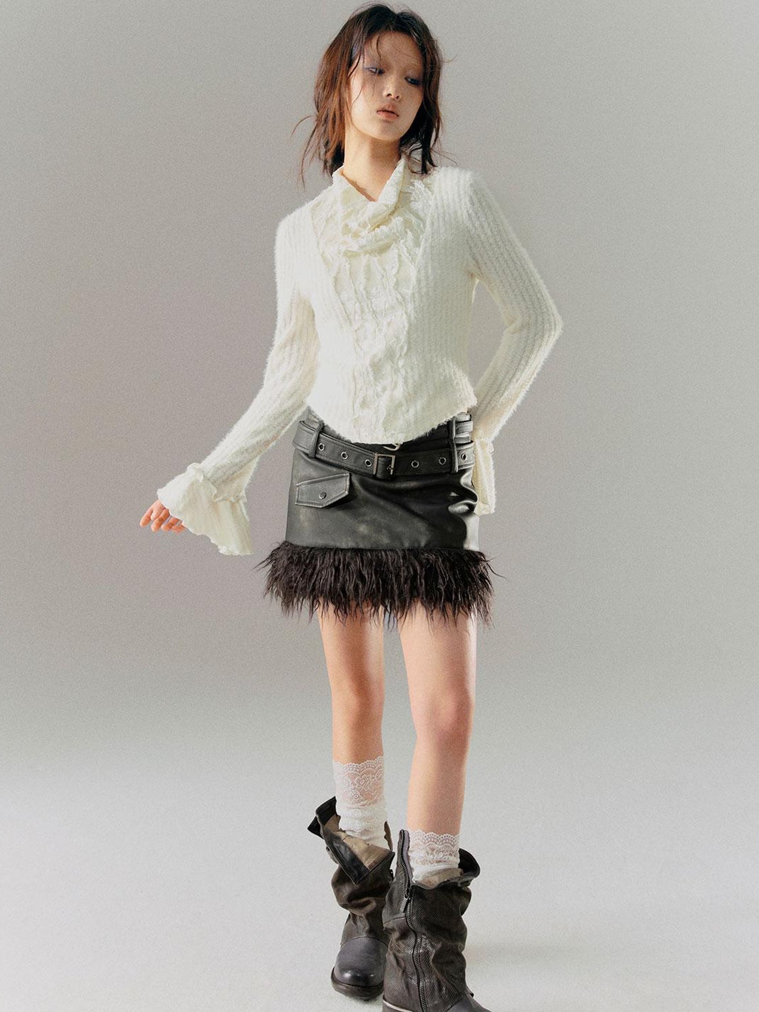 Cest Nous Velvet Lace Trim Embroidered Mock Neck Top