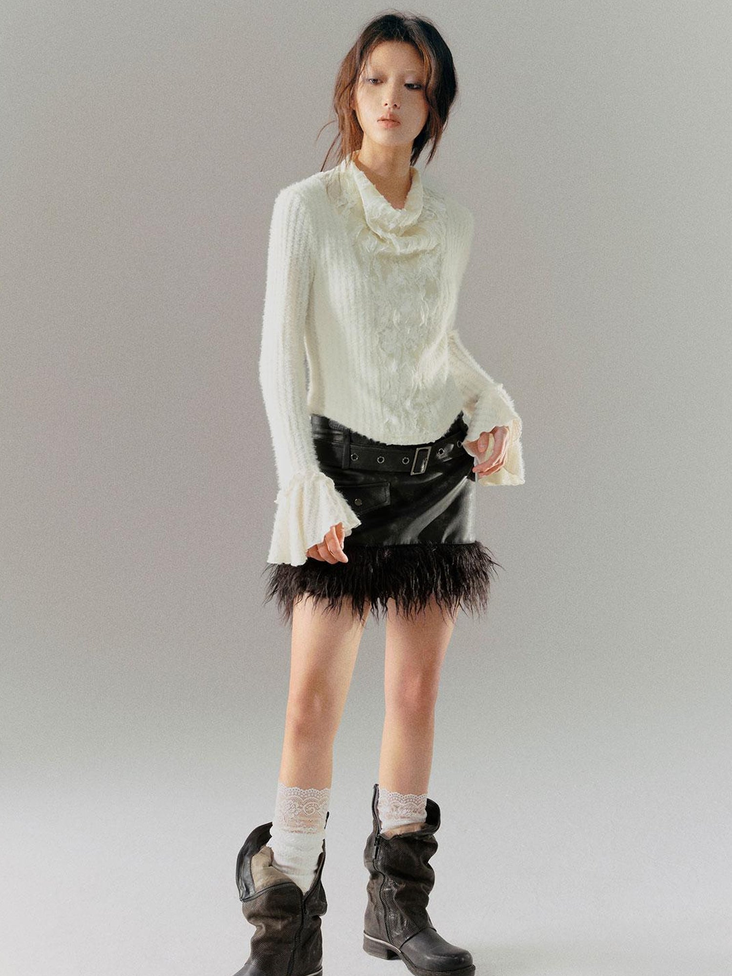Cest Nous Velvet Lace Trim Embroidered Mock Neck Top