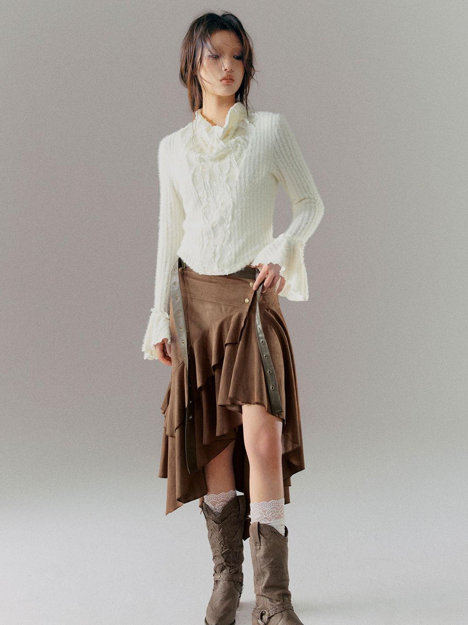 Cest Nous Velvet Lace Trim Embroidered Mock Neck Top