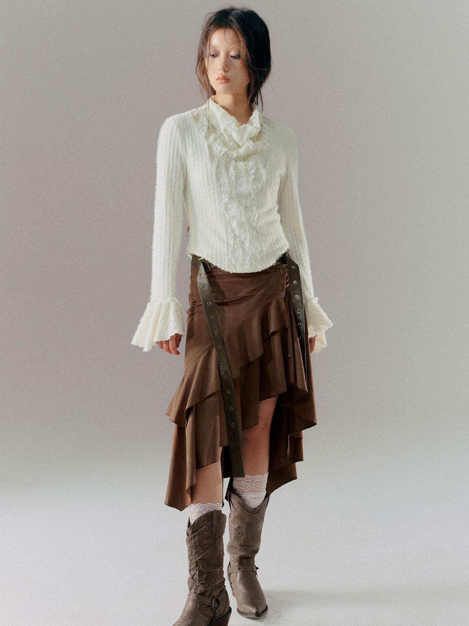 Cest Nous Velvet Lace Trim Embroidered Mock Neck Top