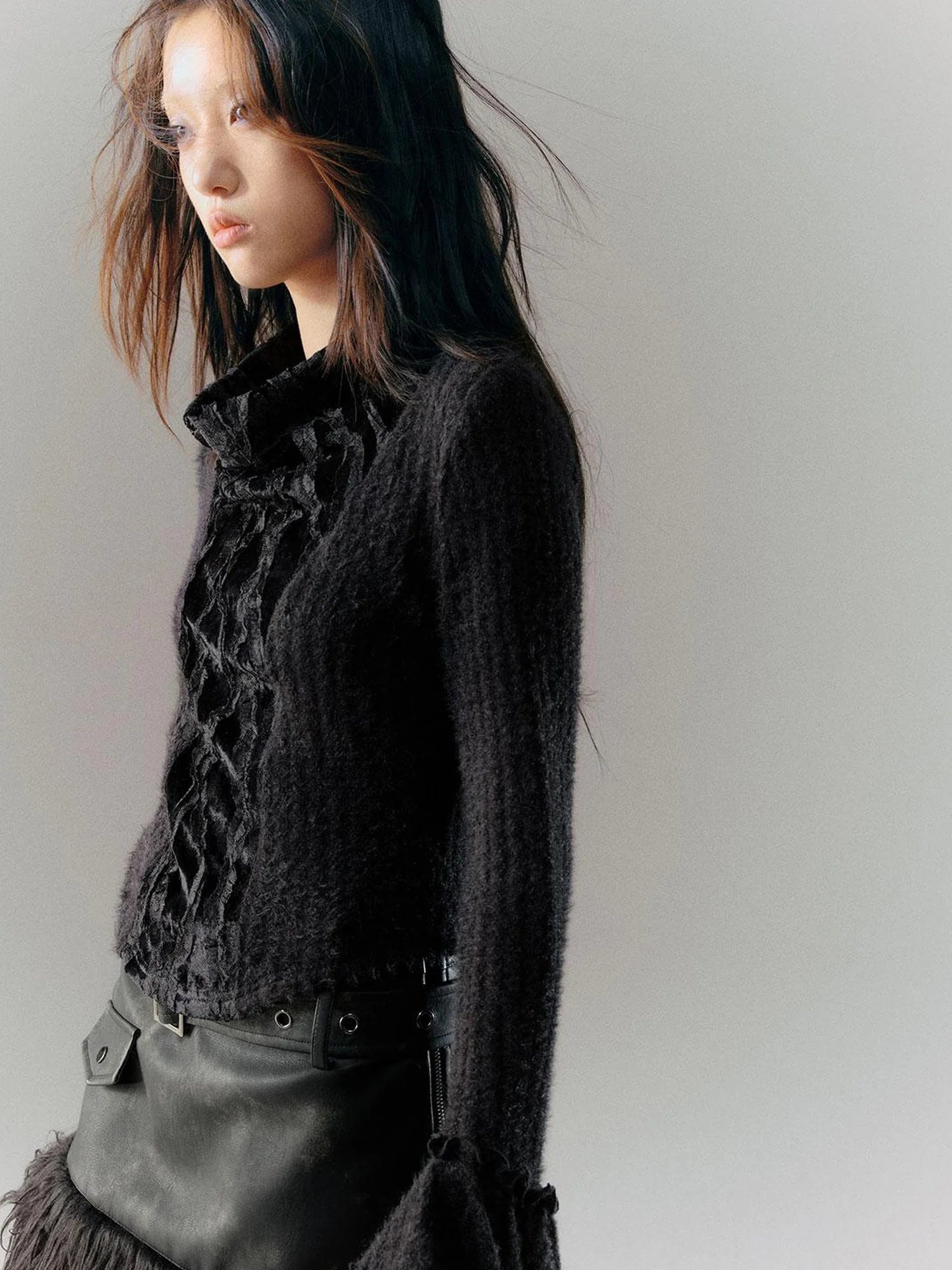 Velvet Lace Trim Embroidered Mock Neck Top