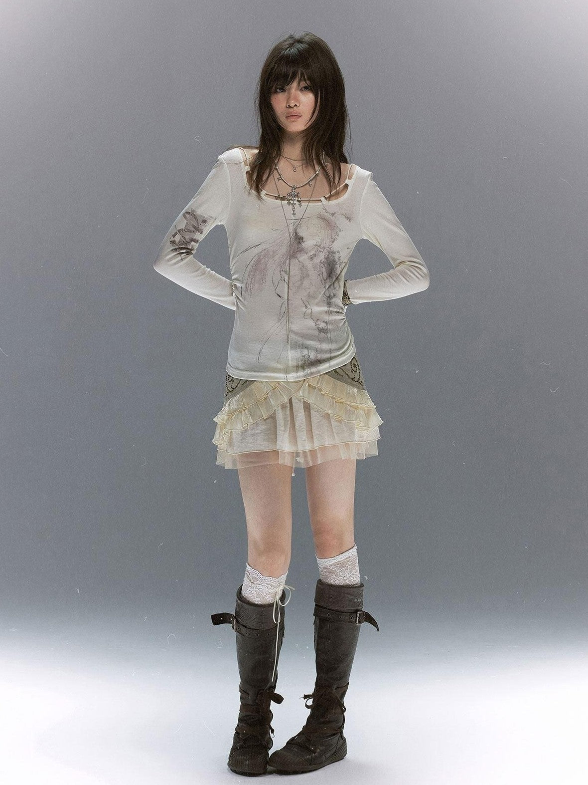 Cest Nous Vine Motif Studded Twill Mesh Patchwork Lace Up Women&
