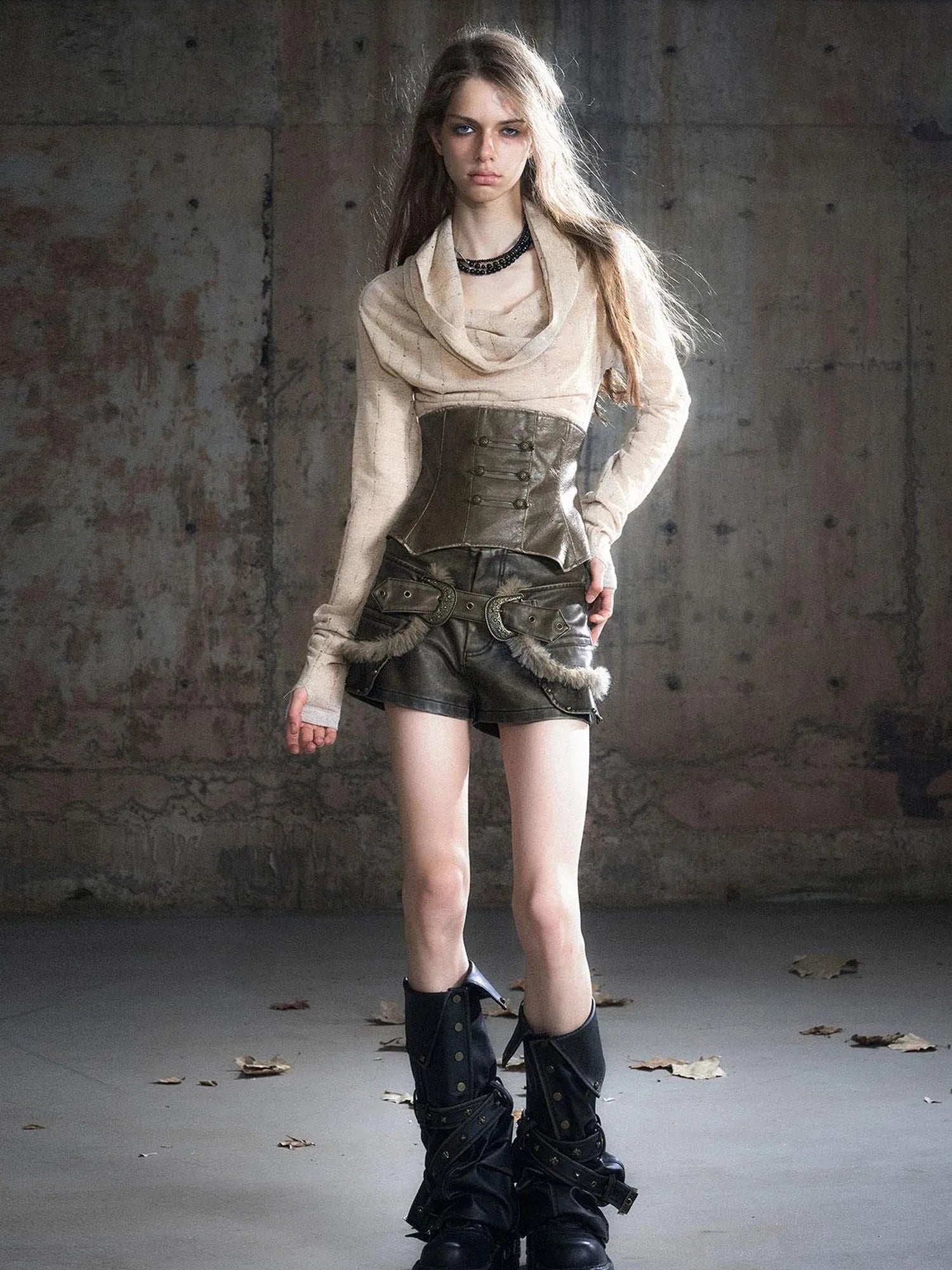 Vintage Buckle Leather Leggings Warm