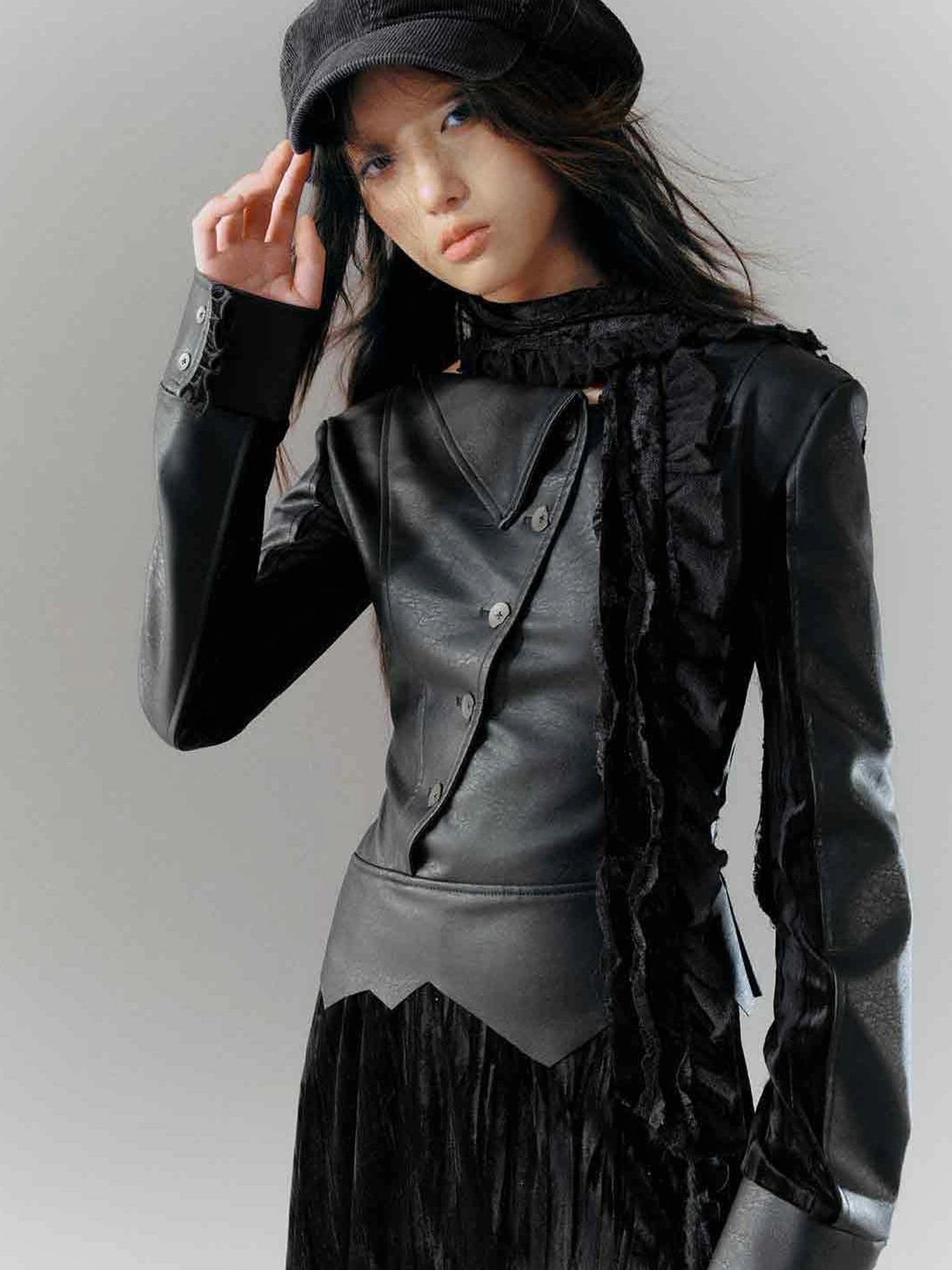 Vintage Dark Asymmetrical Leather Velvet Dress