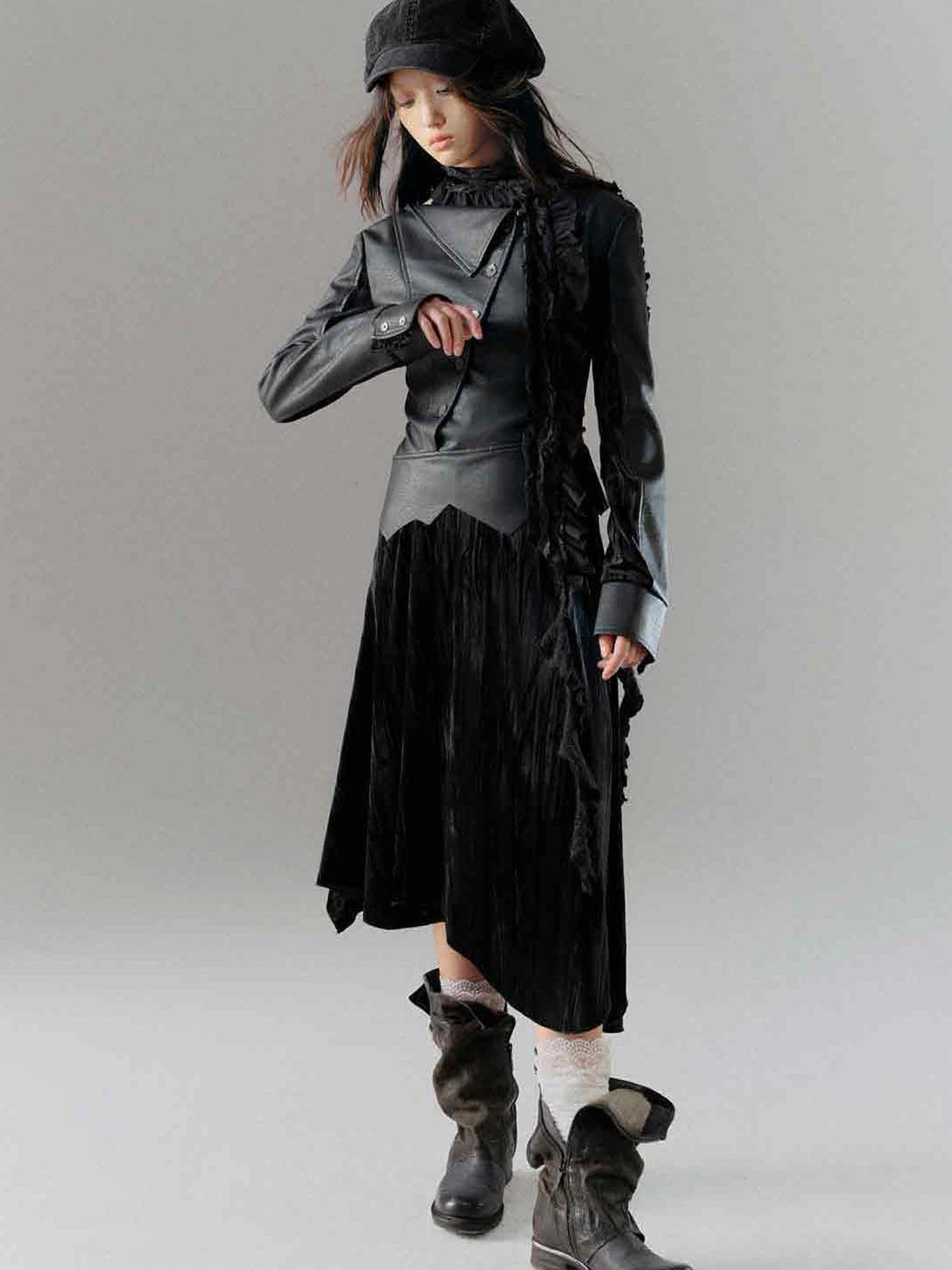 Vintage Dark Asymmetrical Leather Velvet Dress