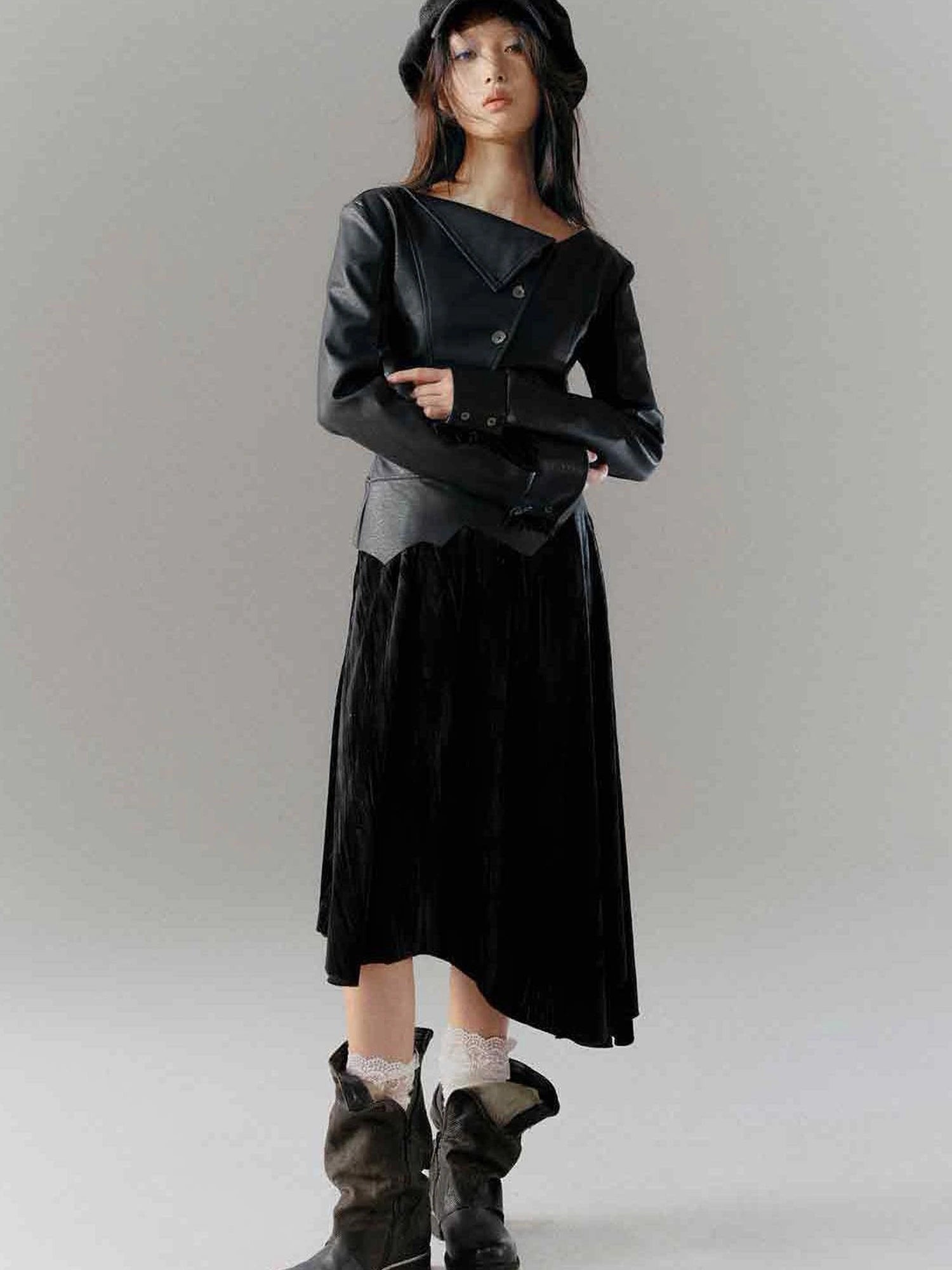 Vintage Dark Asymmetrical Leather Velvet Dress