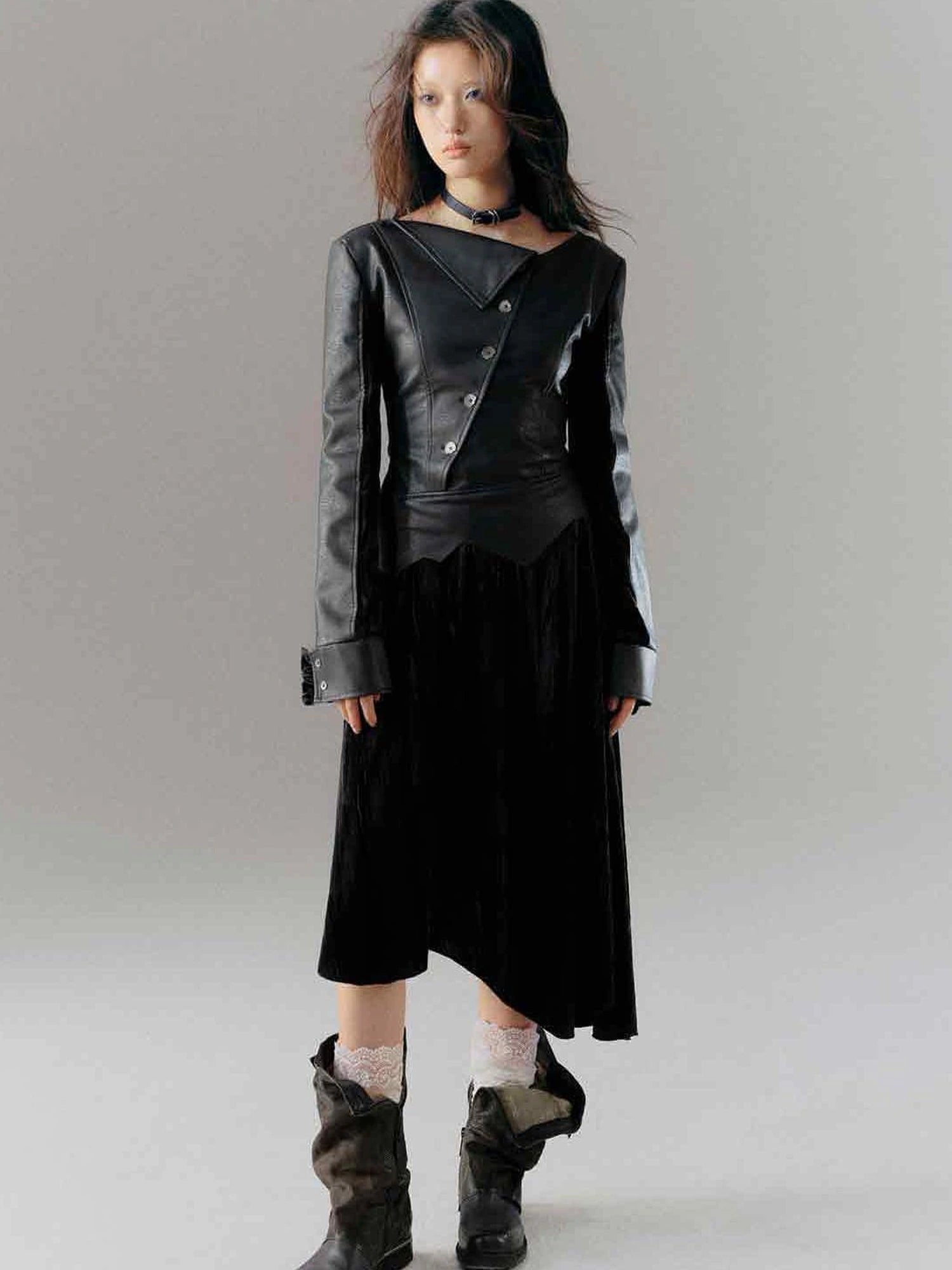 Vintage Dark Asymmetrical Leather Velvet Dress
