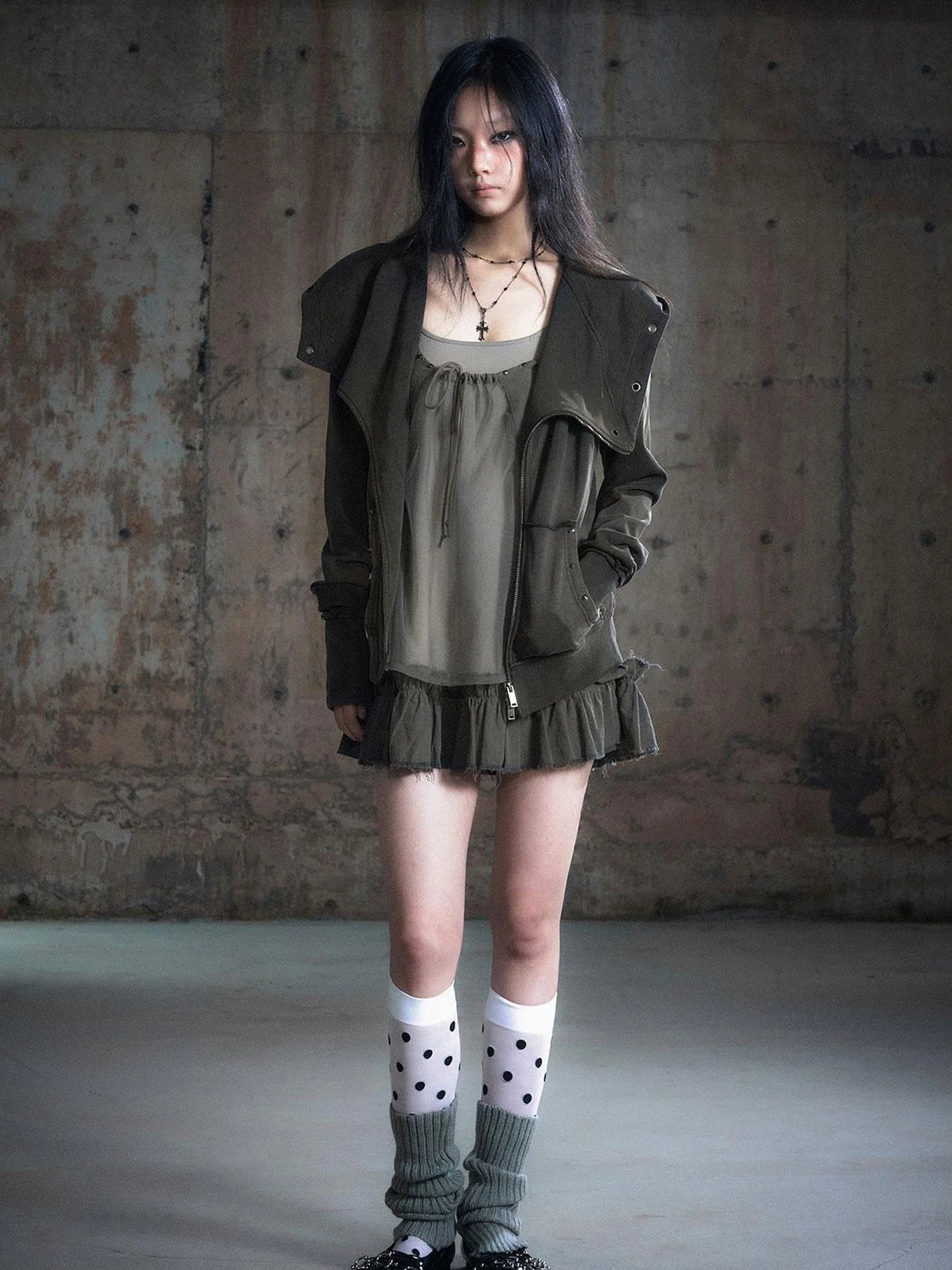 Vintage Deconstructed Lapel Belted Washed Long Sleeve Hooded Sweatshirt