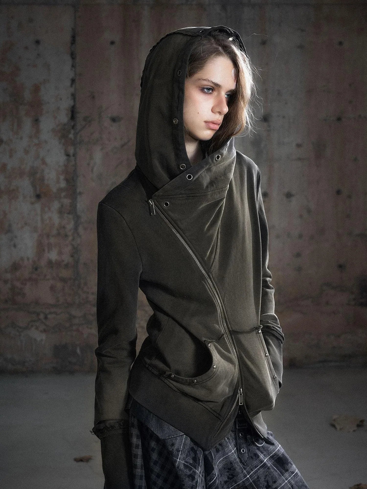 Vintage Deconstructed Lapel Belted Washed Long Sleeve Hooded Sweatshirt