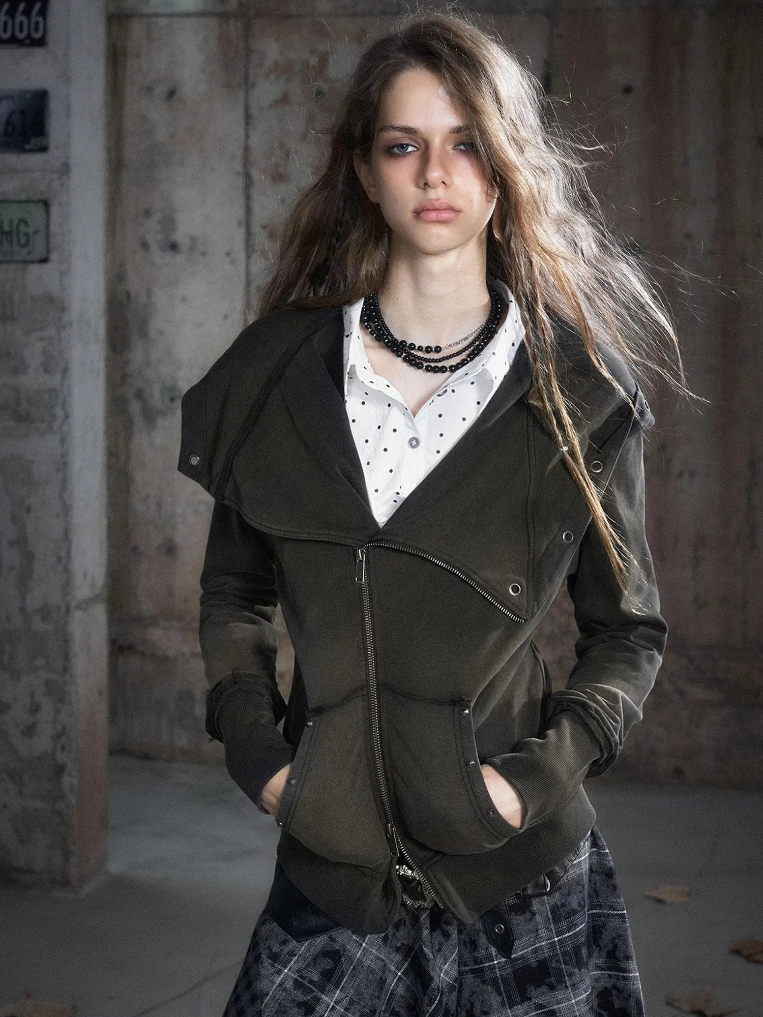 Vintage Deconstructed Lapel Belted Washed Long Sleeve Hooded Sweatshirt