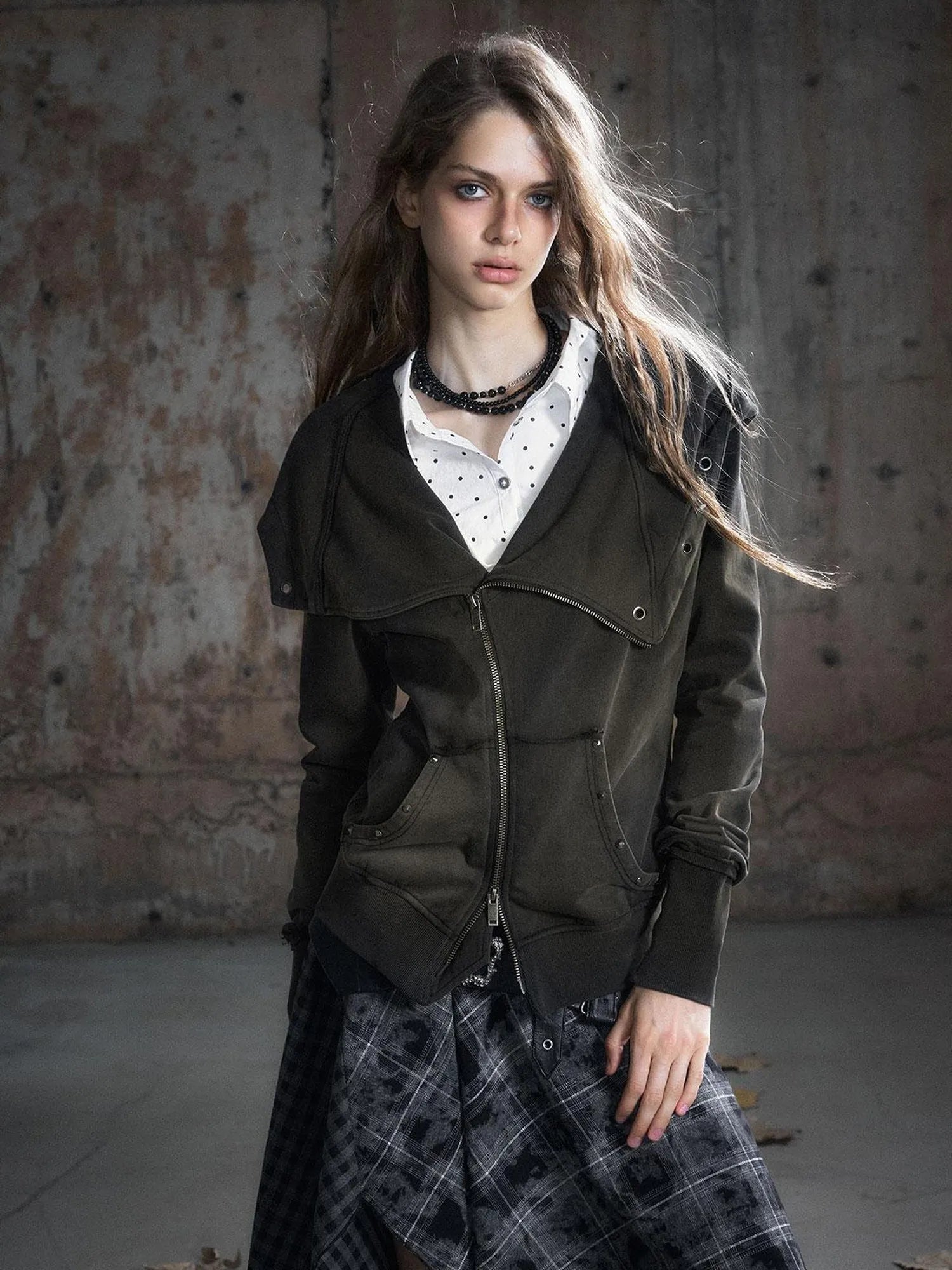 Vintage Deconstructed Lapel Belted Washed Long Sleeve Hooded Sweatshirt