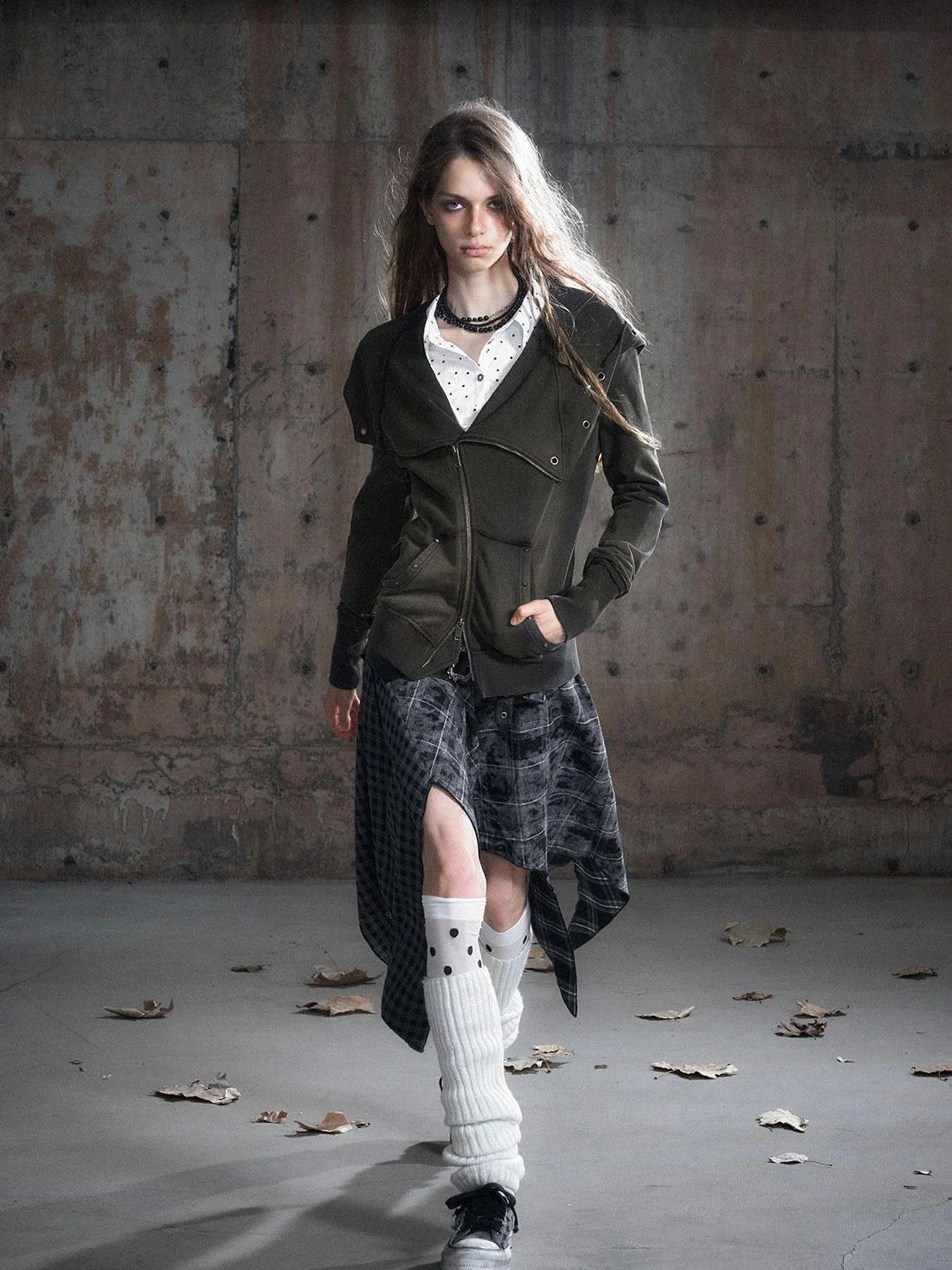 Vintage Deconstructed Lapel Belted Washed Long Sleeve Hooded Sweatshirt