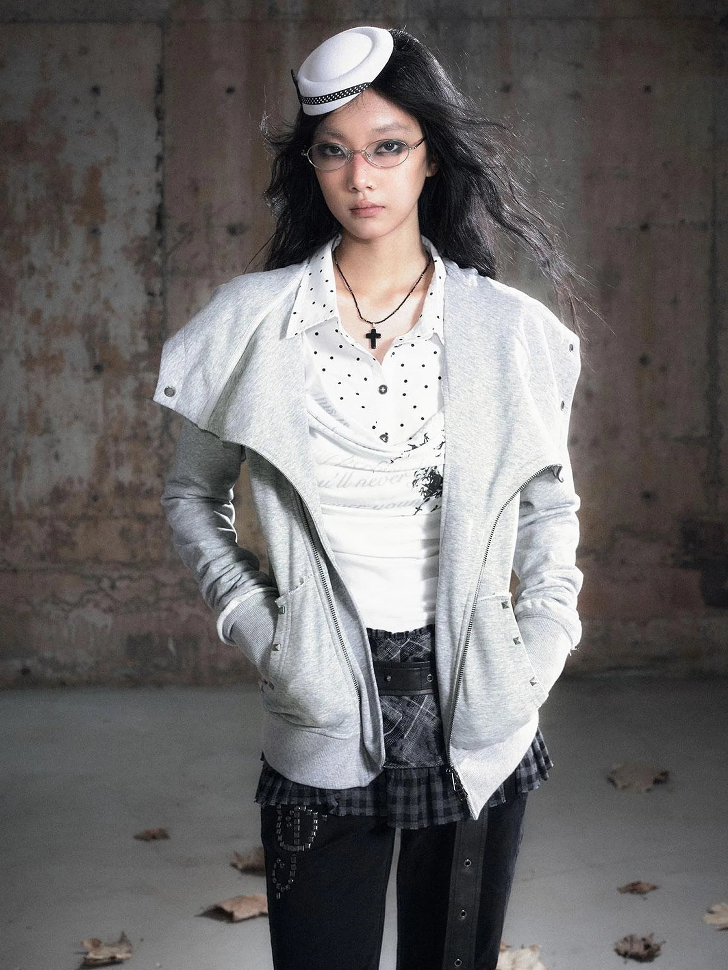 Vintage Deconstructed Lapel Belted Washed Long Sleeve Hooded Sweatshirt