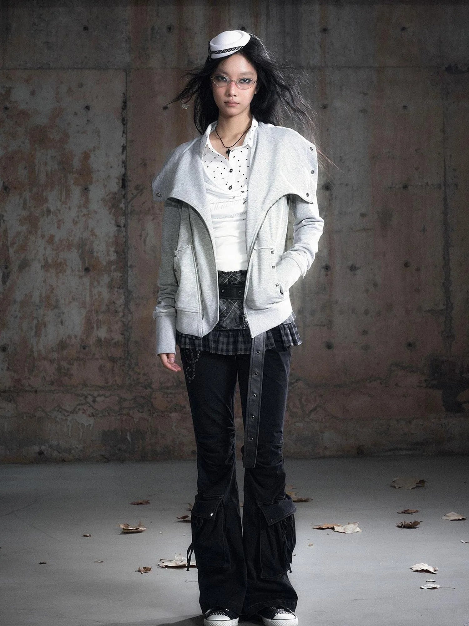 Vintage Deconstructed Lapel Belted Washed Long Sleeve Hooded Sweatshirt