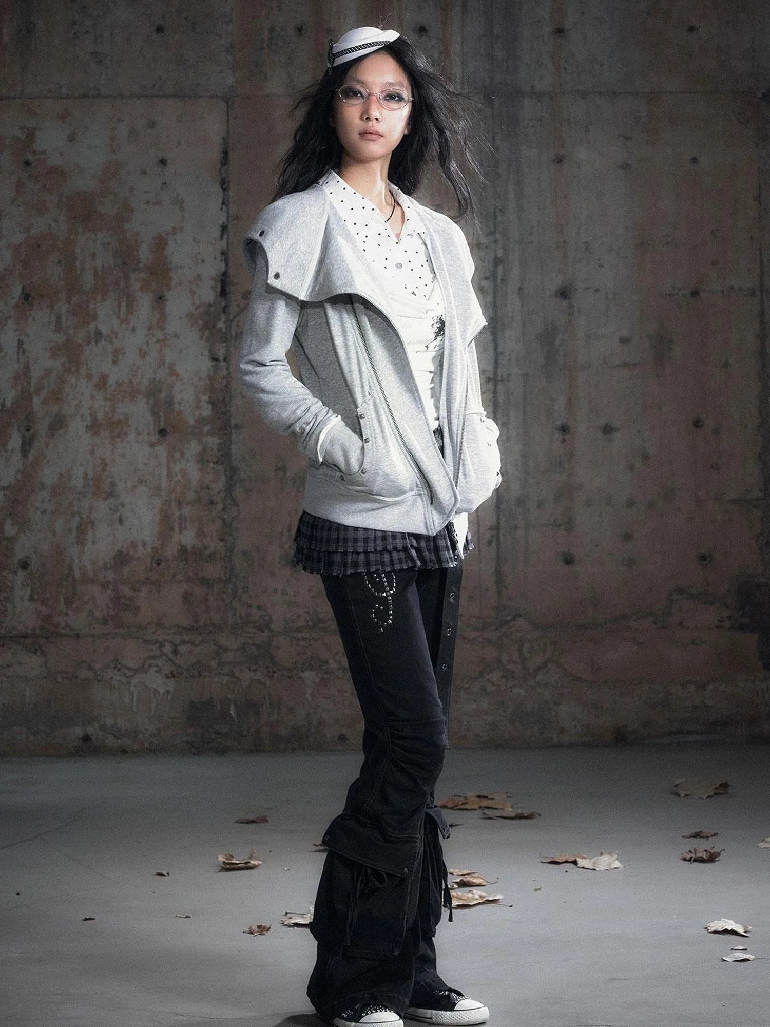 Vintage Deconstructed Lapel Belted Washed Long Sleeve Hooded Sweatshirt